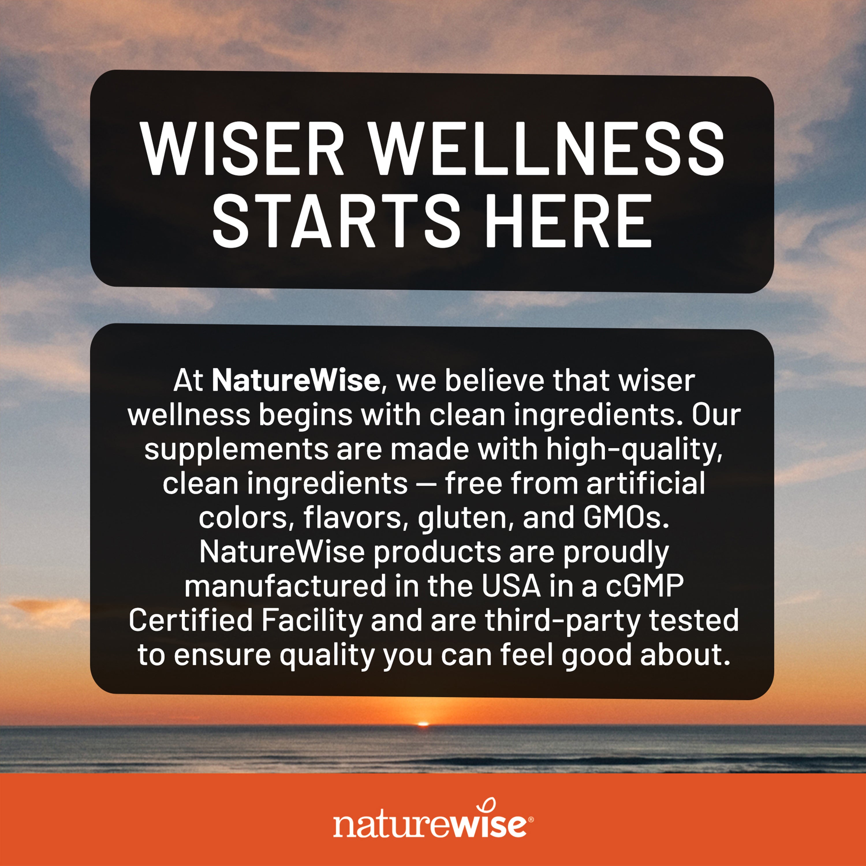 A promotional graphic with two black text boxes over a sunset seascape background. The top box reads 'WISER WELLNESS STARTS HERE,' and the lower box contains a paragraph about NatureWise clean ingredients and third-party manufacturing.