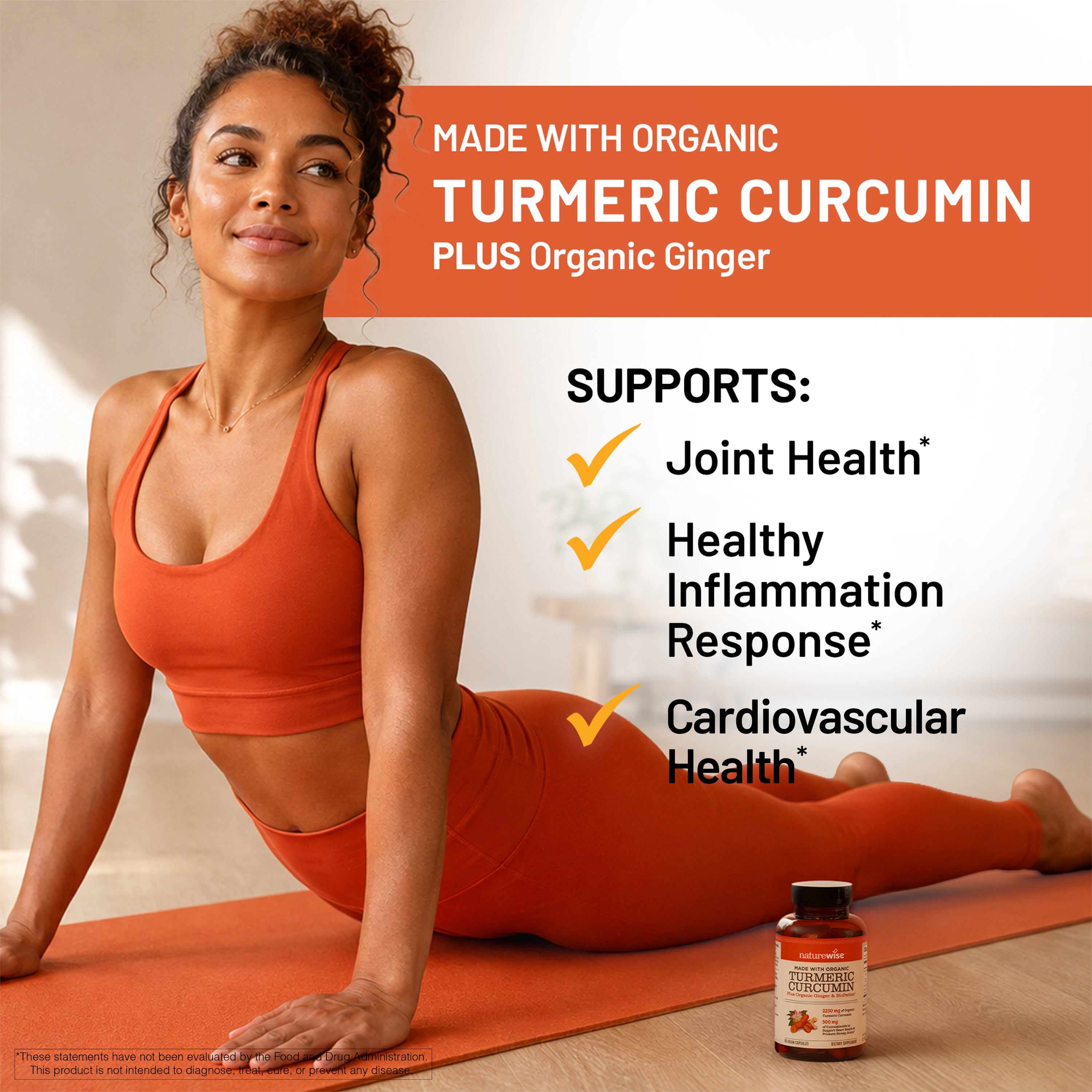 A woman in an orange sports bra and matching leggings poses on an orange yoga mat in a studio setting, with text highlighting organic turmeric curcumin and ginger benefits. A NatureWise Turmeric Curcumin supplement bottle placed near the lower right.