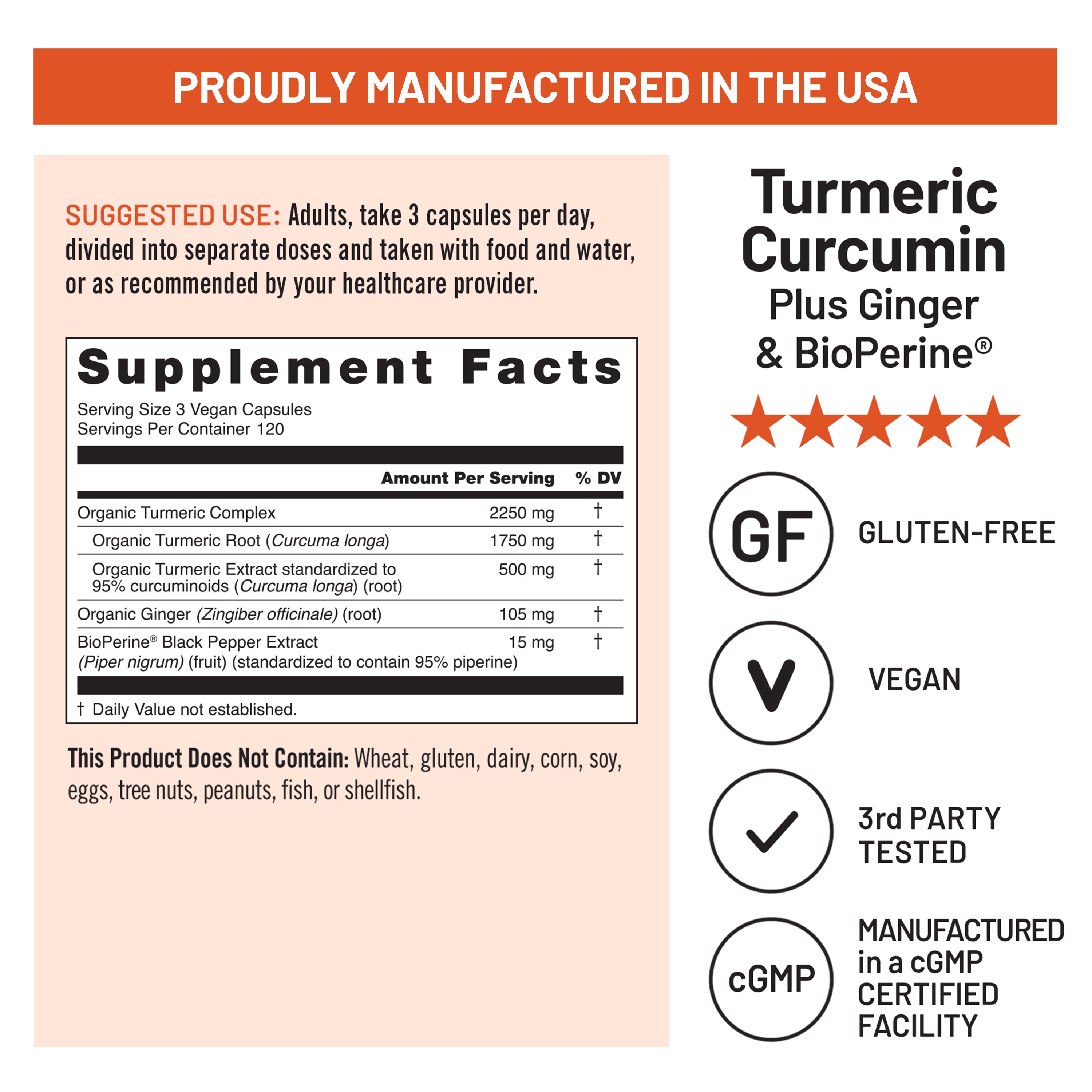 A product information graphic for Turmeric Curcumin Plus Ginger & BioPerine® capsules. The design features a peach-colored background with a mock 'Supplement Facts' label, usage suggestions, star ratings, and certification badges including Gluten-Free, Vegan, 3rd Party Tested, and cGMP on a white background.