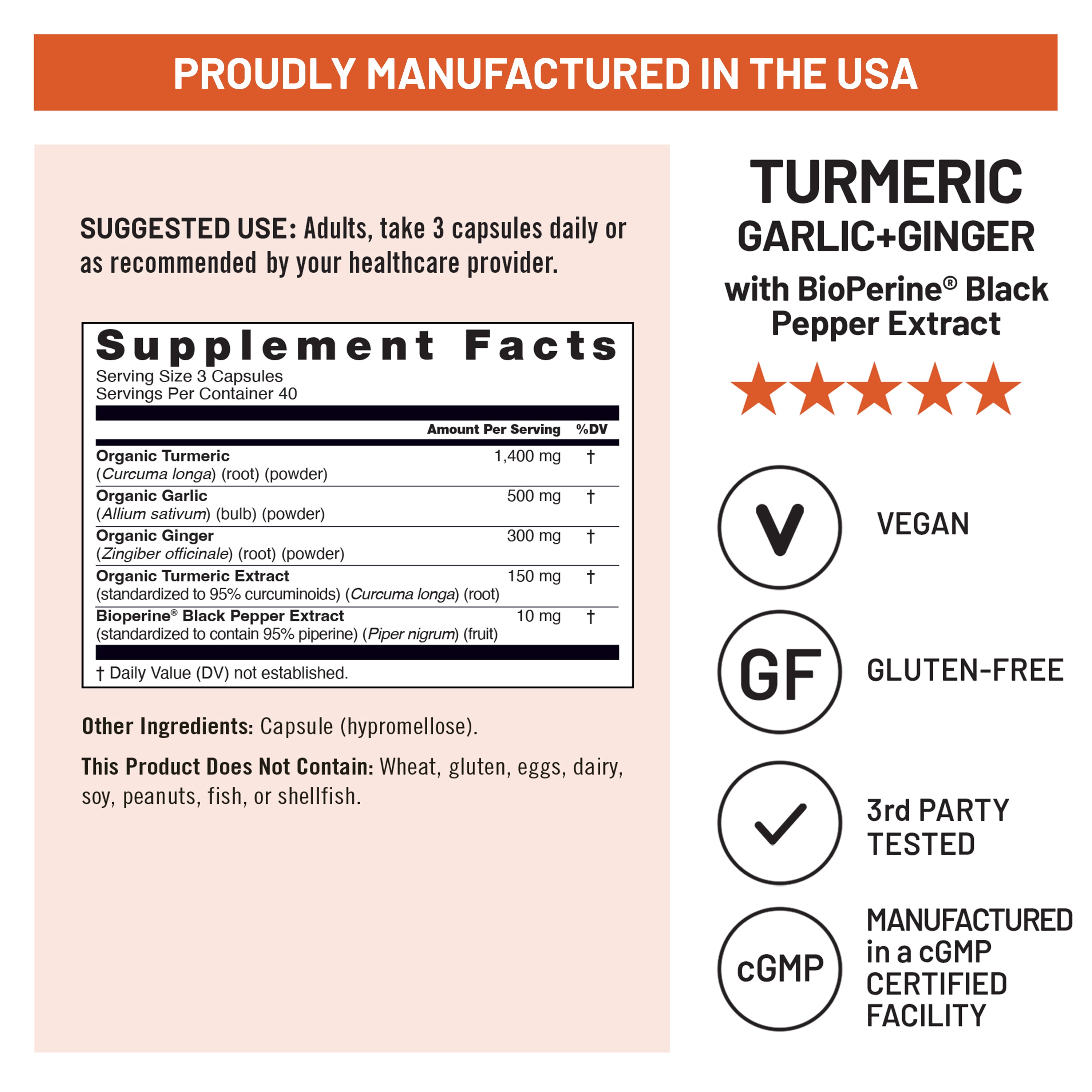 Supplement fact label for Turmeric Garlic Ginger with BioPerine 