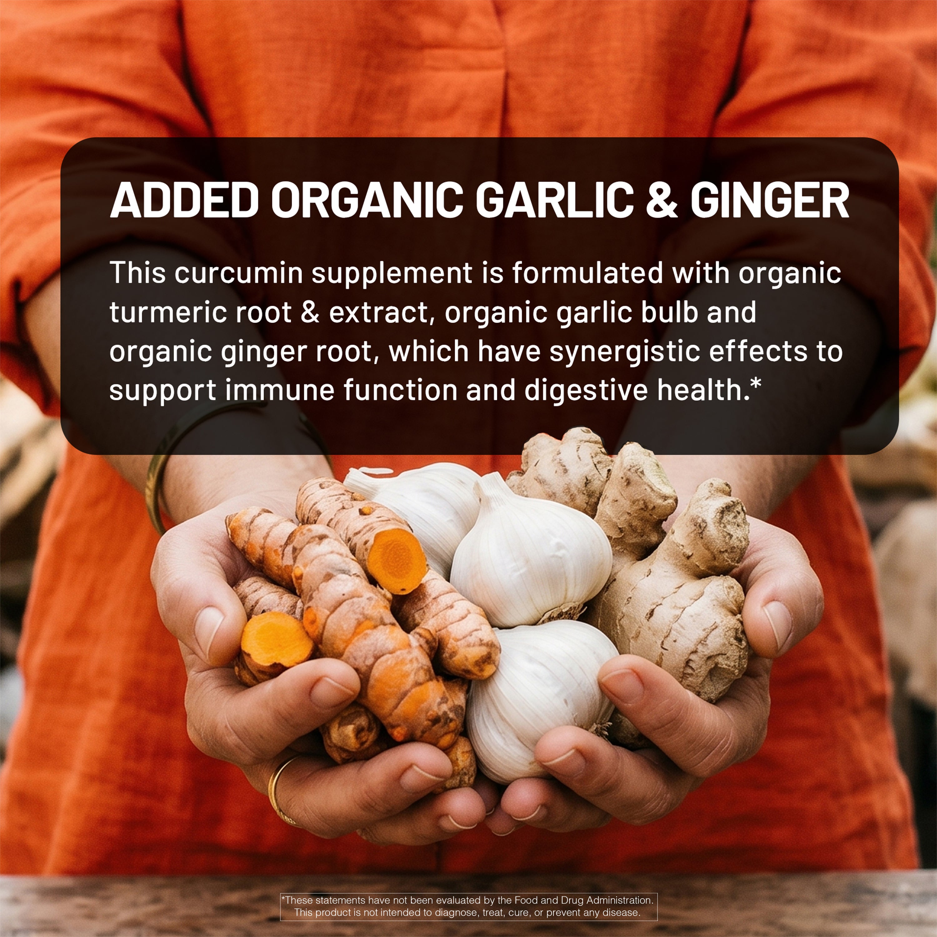Person holding organic garlic and ginger with text about curcumin supplement ingredients.