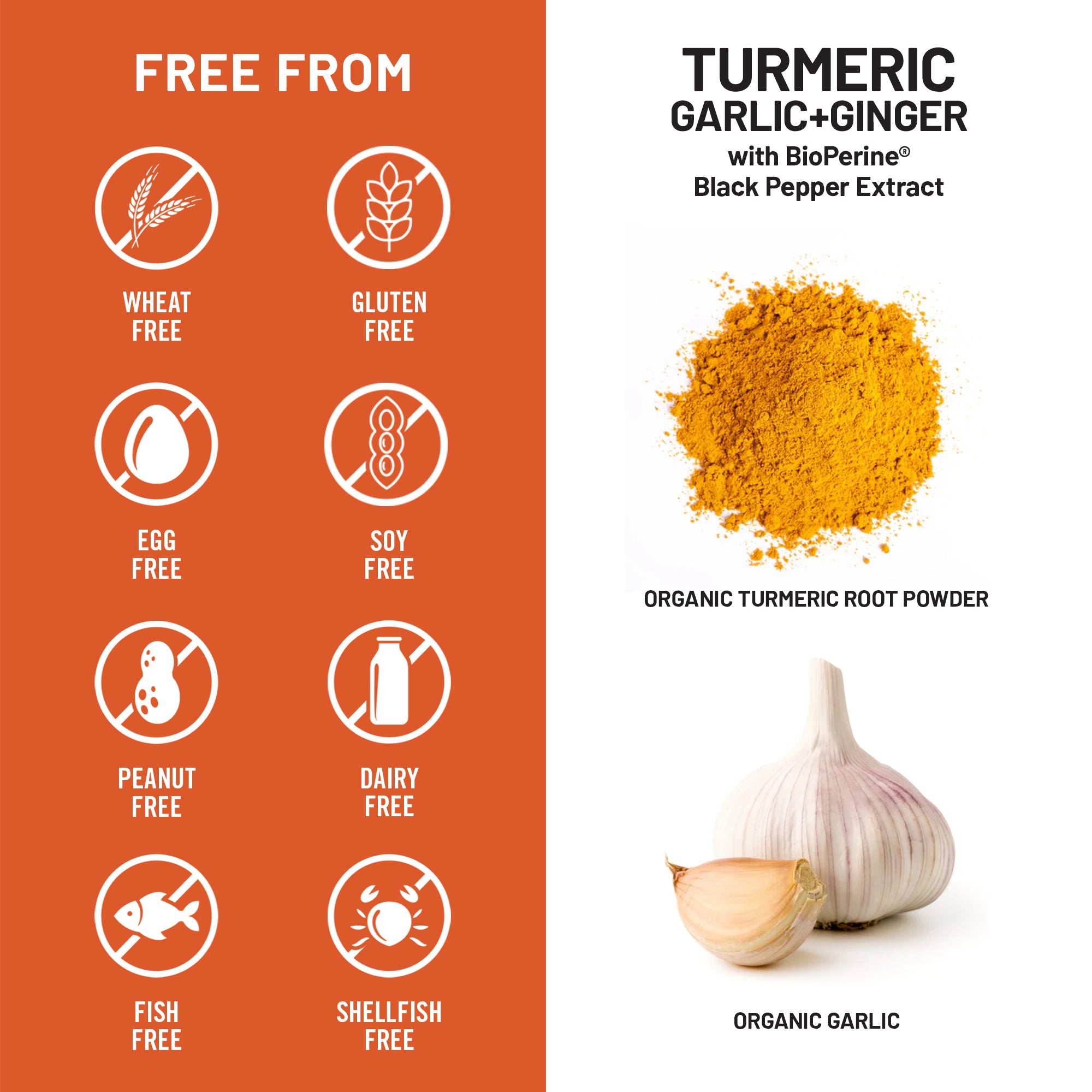 Turmeric Garlic Ginger supplement with allergen free list on an orange and white background