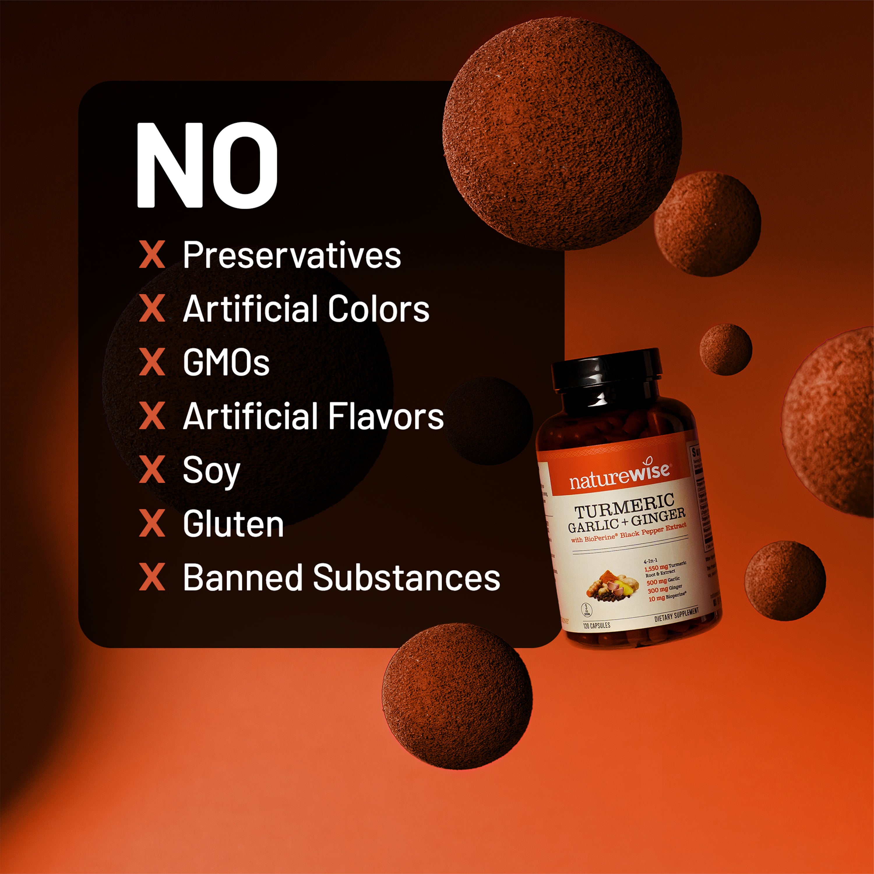 Naturewise Turmeric Garlic Ginger supplement bottle with a list of excluded ingredients on an orange background
