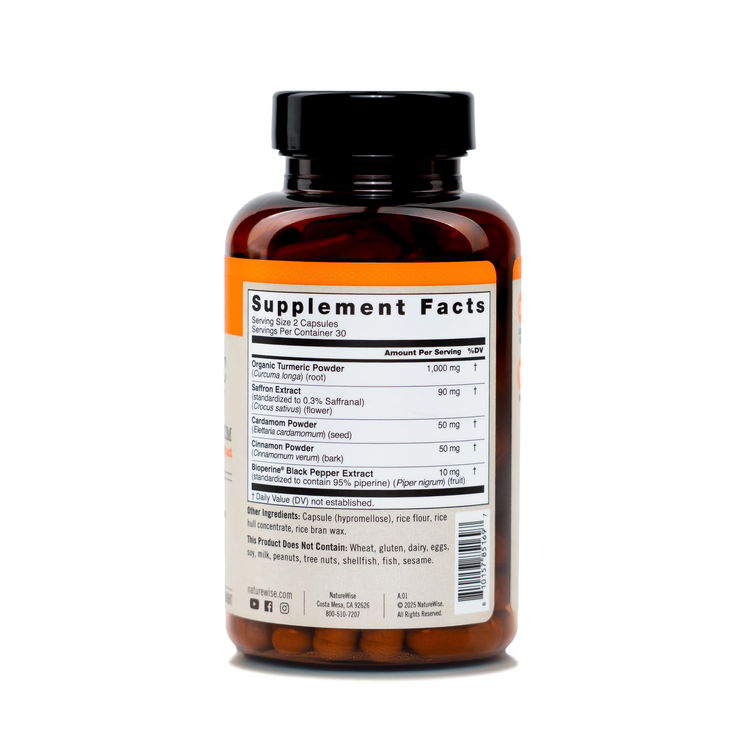 Turmeric Saffron Supplement bottle with label on a white background
