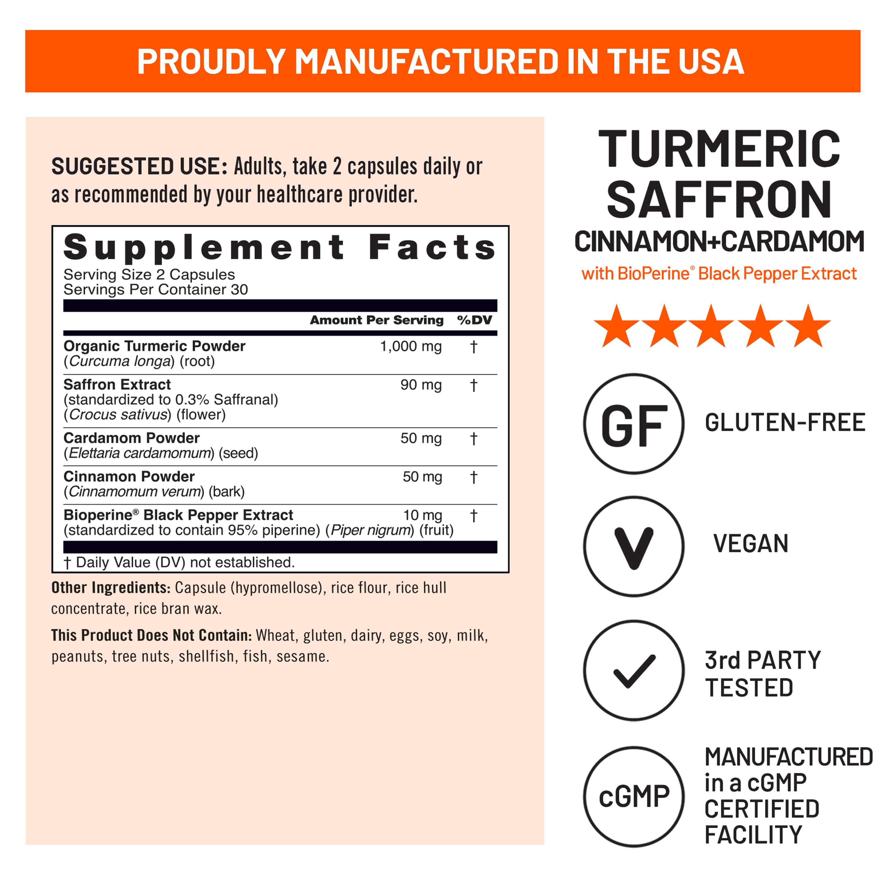 Supplement label for Turmeric Saffron Cinnamon Cardamom with BioPerine on a light pink background