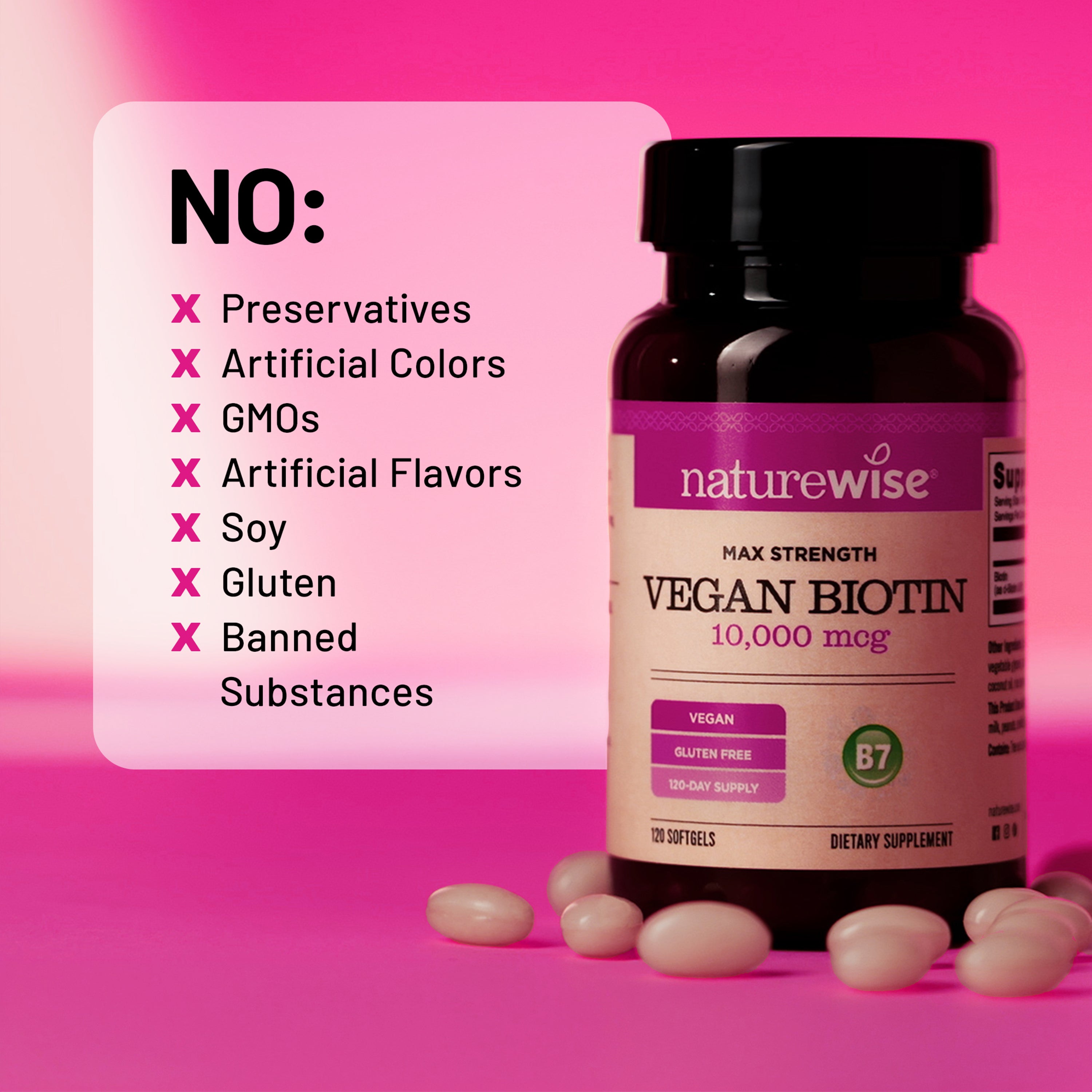 Naturewise Vegan Biotin 10,000 mcg supplement bottle with pink background and list of 'no ingredients'