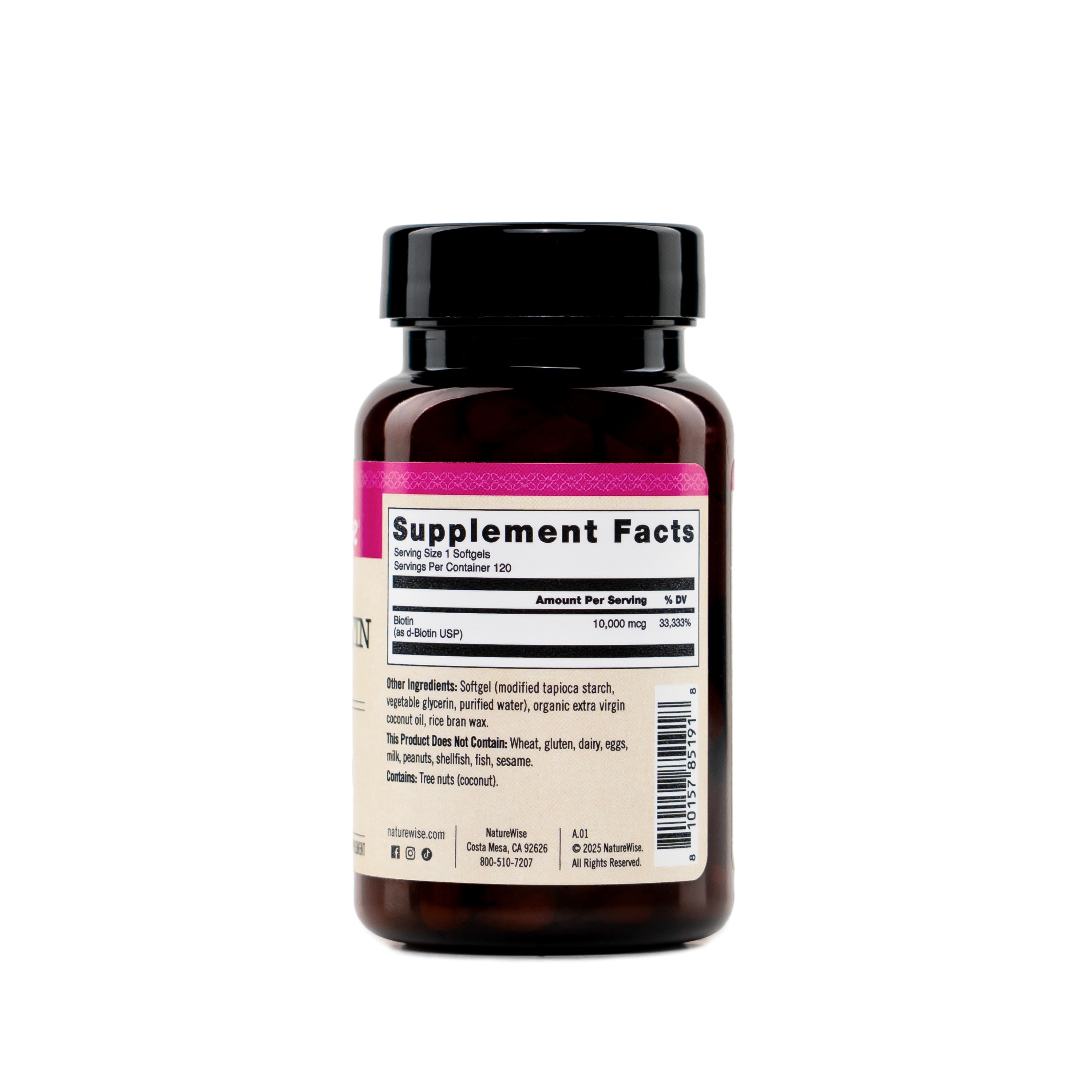 Naturewise Vegan Biotin 10,000 mcg supplement bottle with supplement fact label on a white background