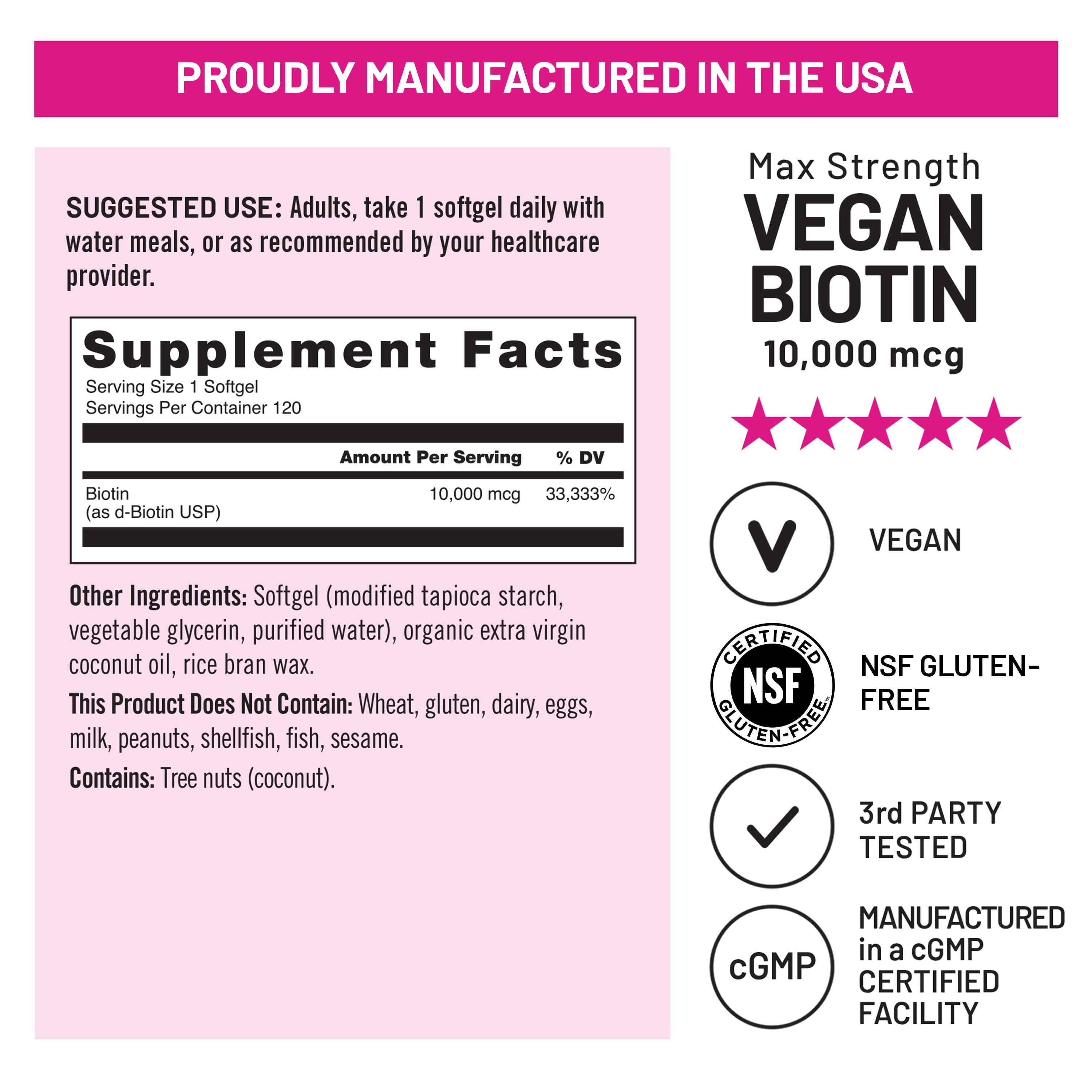 NatureWise Vegan biotin 10,000 mcg supplement fact label with pink background and black text