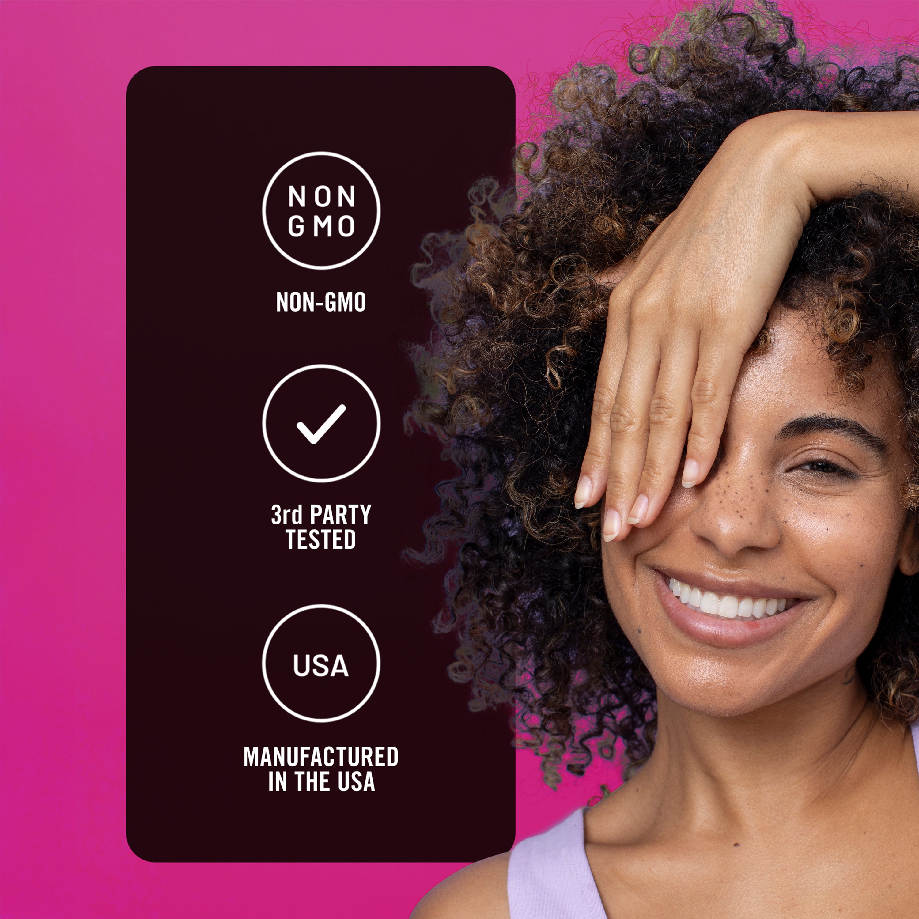 Woman with a hand covering one eye, with certification icons on a pink background
