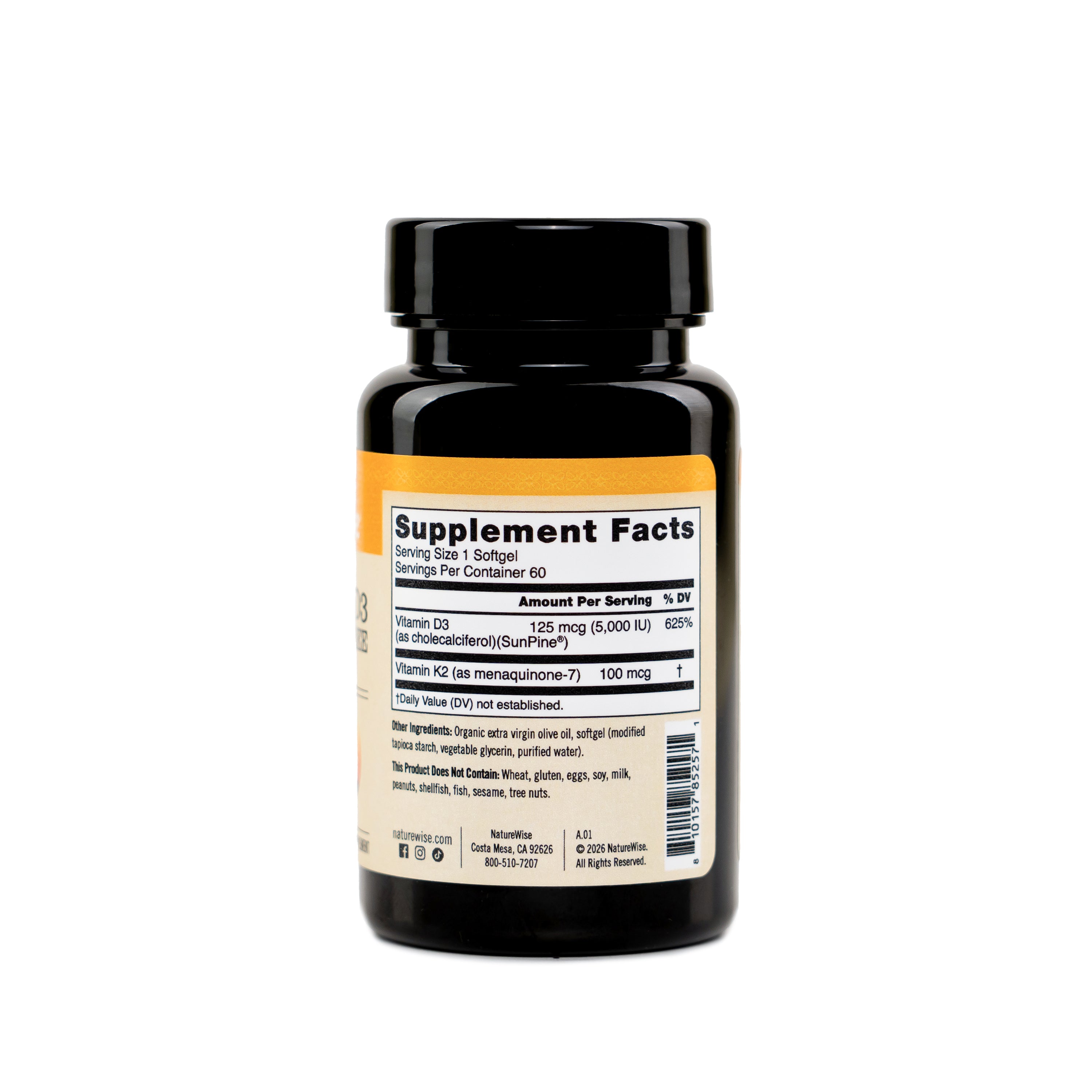 A bottle of Naturewise Vegan Vitamin D3 From Pine Tree with Vitamin K2 dietary supplement, showing the back label with 'Supplement Facts' text on a white background.