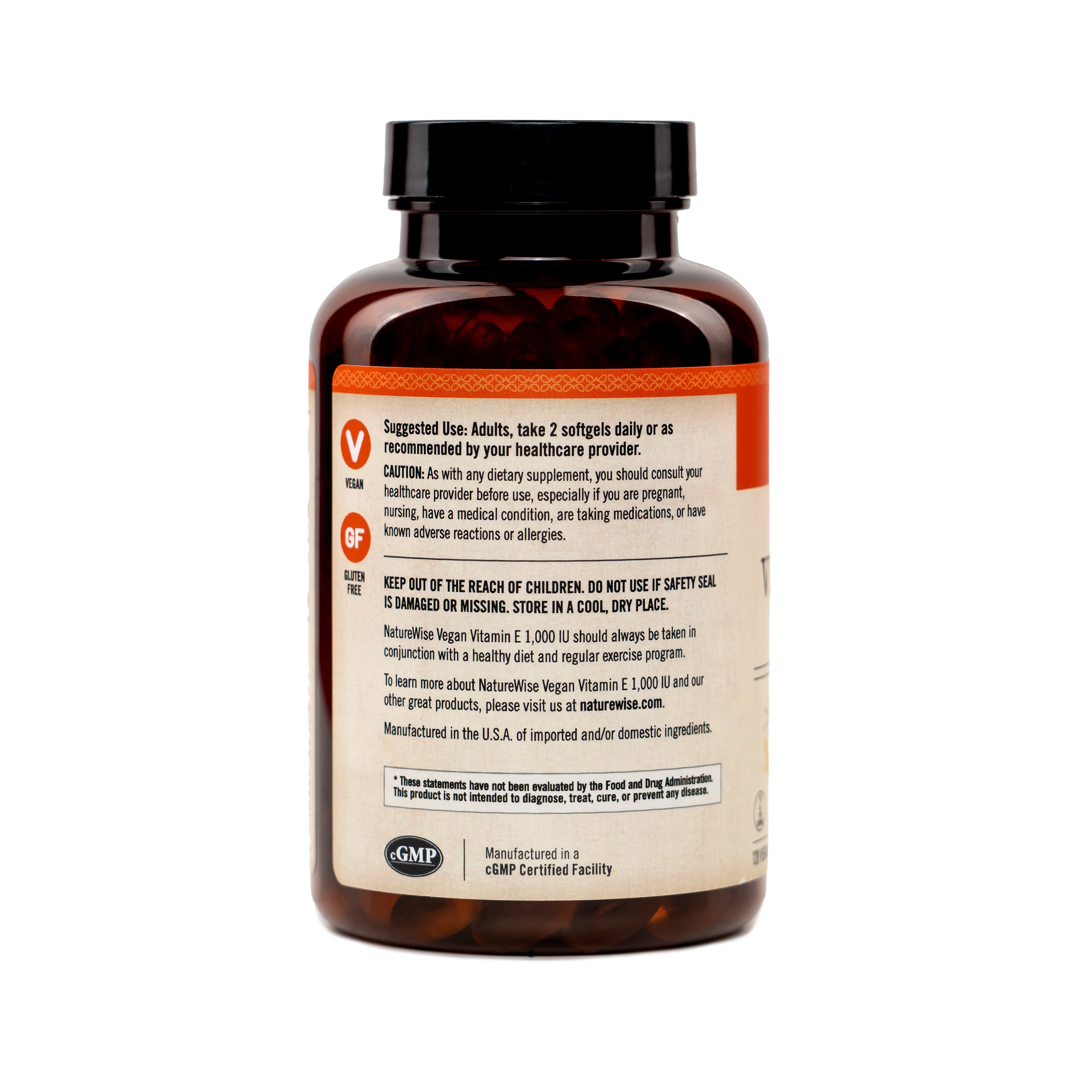 Naturewise Vegan Vitamin E supplement bottle with suggested use label on a white background