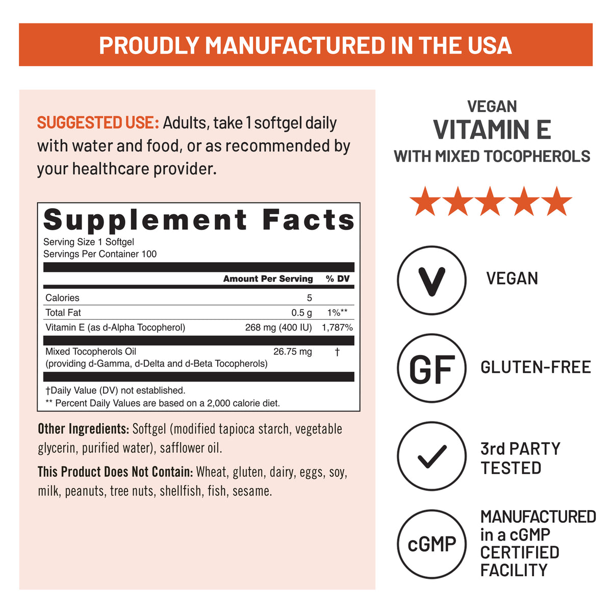 Vitamin E supplement label with supplement facts, vegan, gluten-free, and other certifications on a white background.