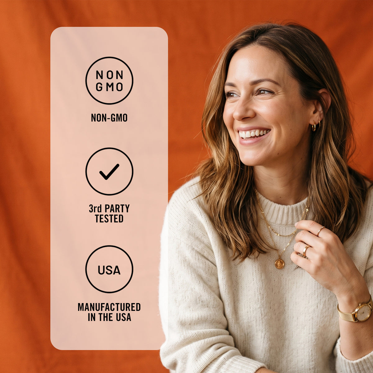 A smiling woman in a cream knit sweater poses against an orange textured backdrop next to a vertical white card highlighting product benefits: non GMO, 3rd party tested, and manufactured in the USA.