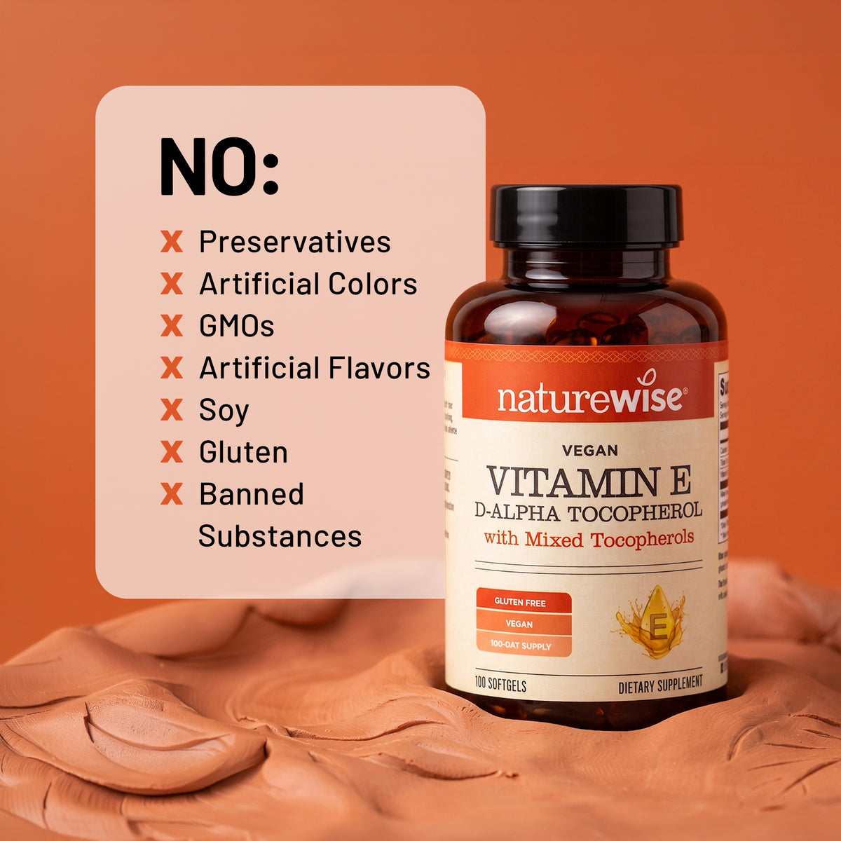 Naturewise Vegan Vitamin E dietary supplement bottle shown on a terracotta background with a text panel listing excluded ingredients like preservatives, artificial colors, GMOs, and soy.