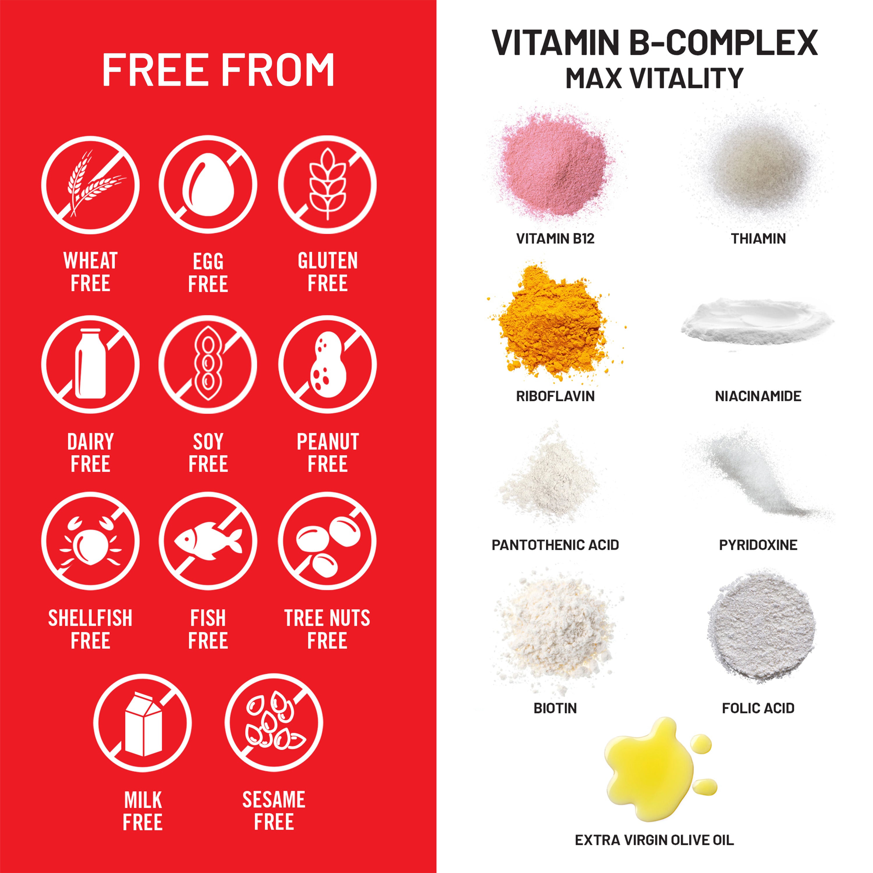 Vitamin B-complex supplement information with free-from labels and ingredients on a red and white background.