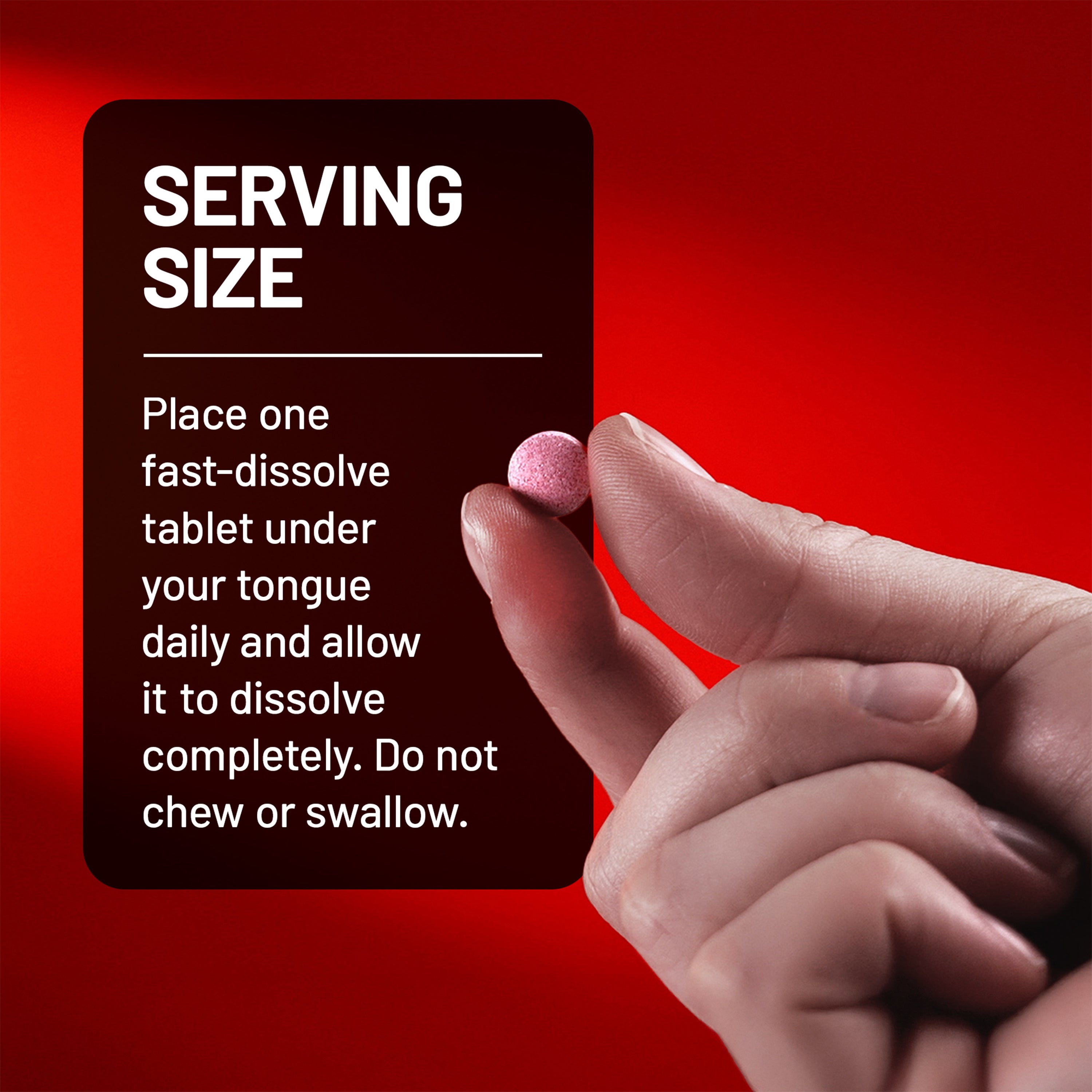 Hand holding a pink tablet with text on a red background