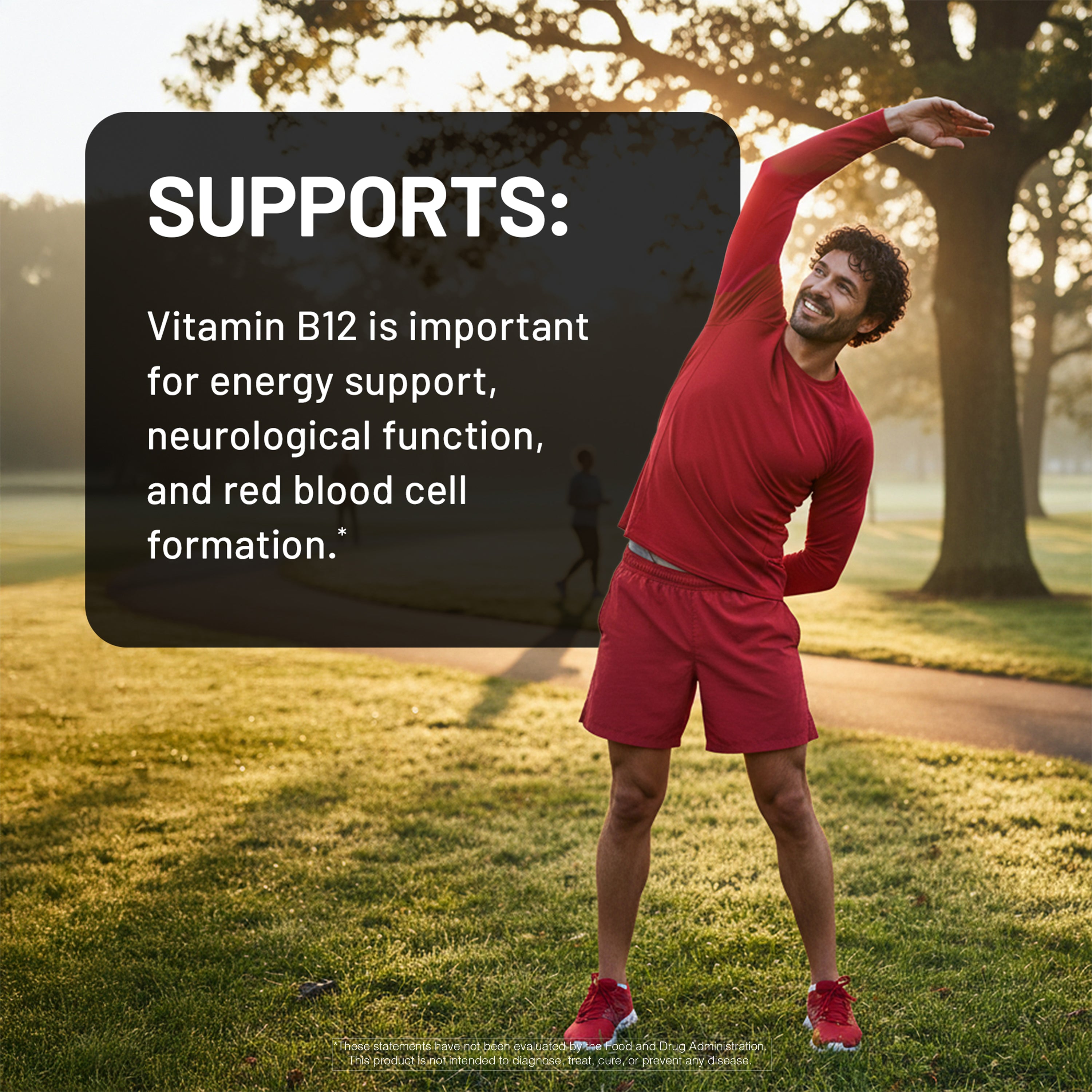 Man in red athletic wear stretching outdoors with text about Vitamin B12 benefits.