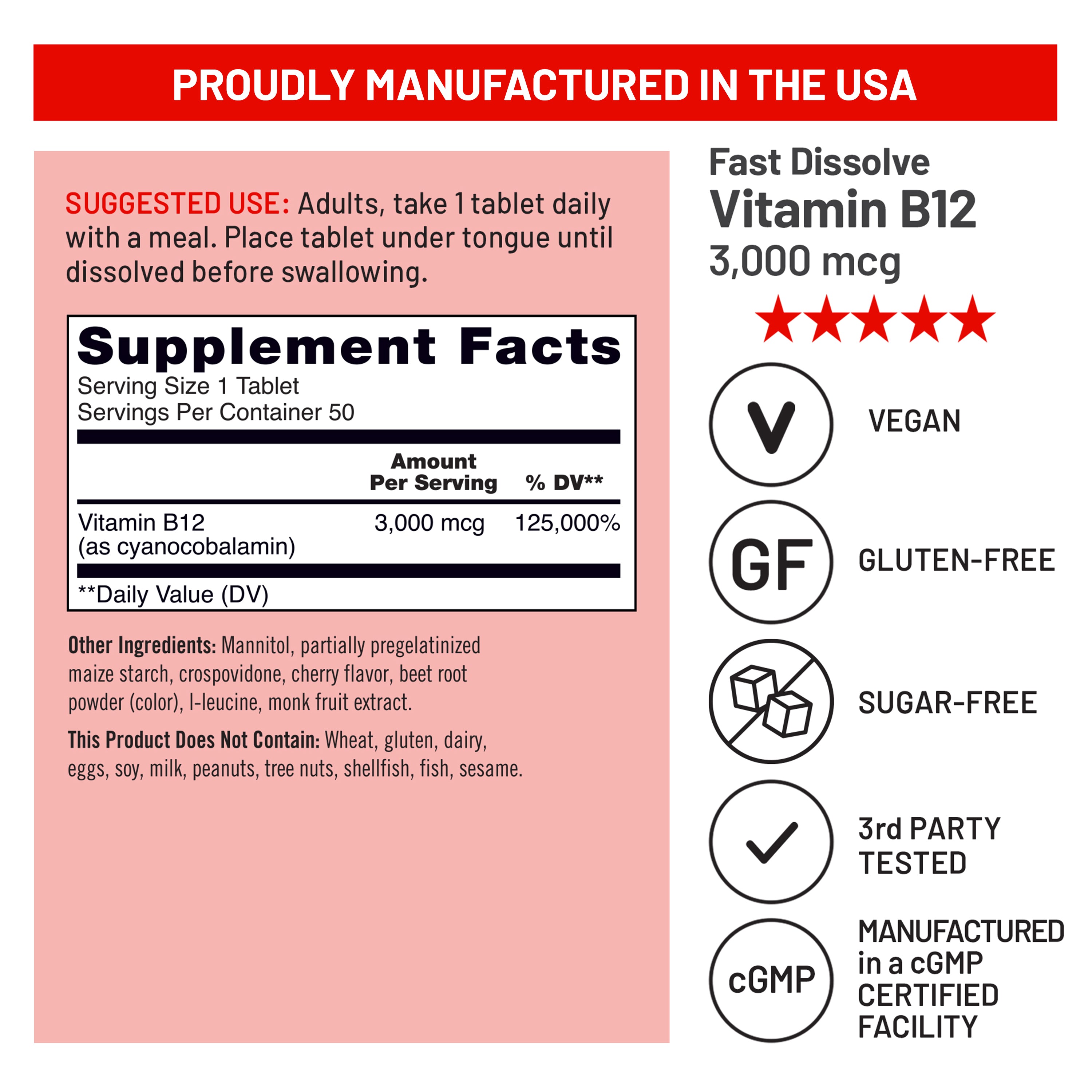 Fast dissolve Vitamin B12 supplement sublingual B12 label with product details on a white background