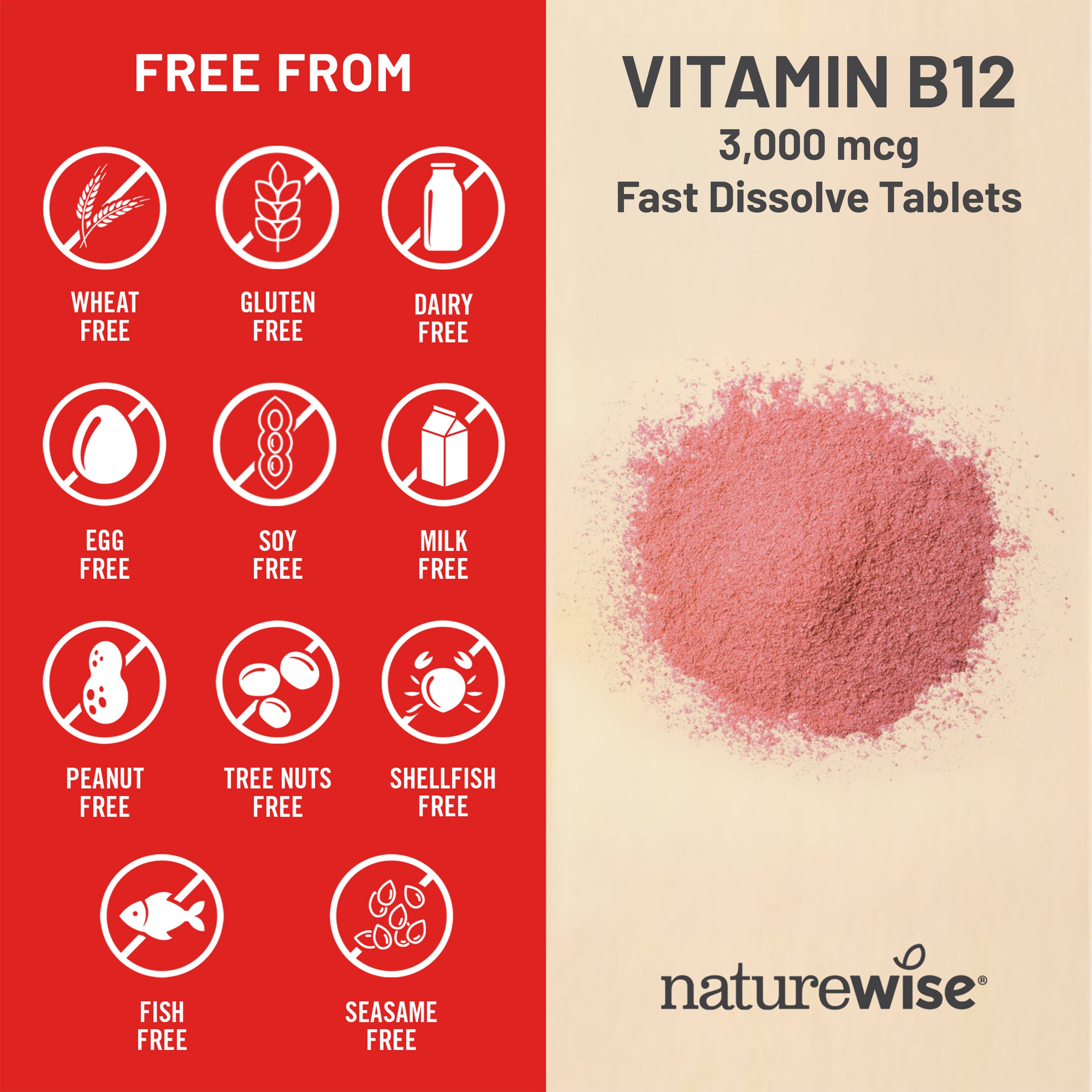 Vitamin B12 supplement packaging with free-from icons and naturewise branding.