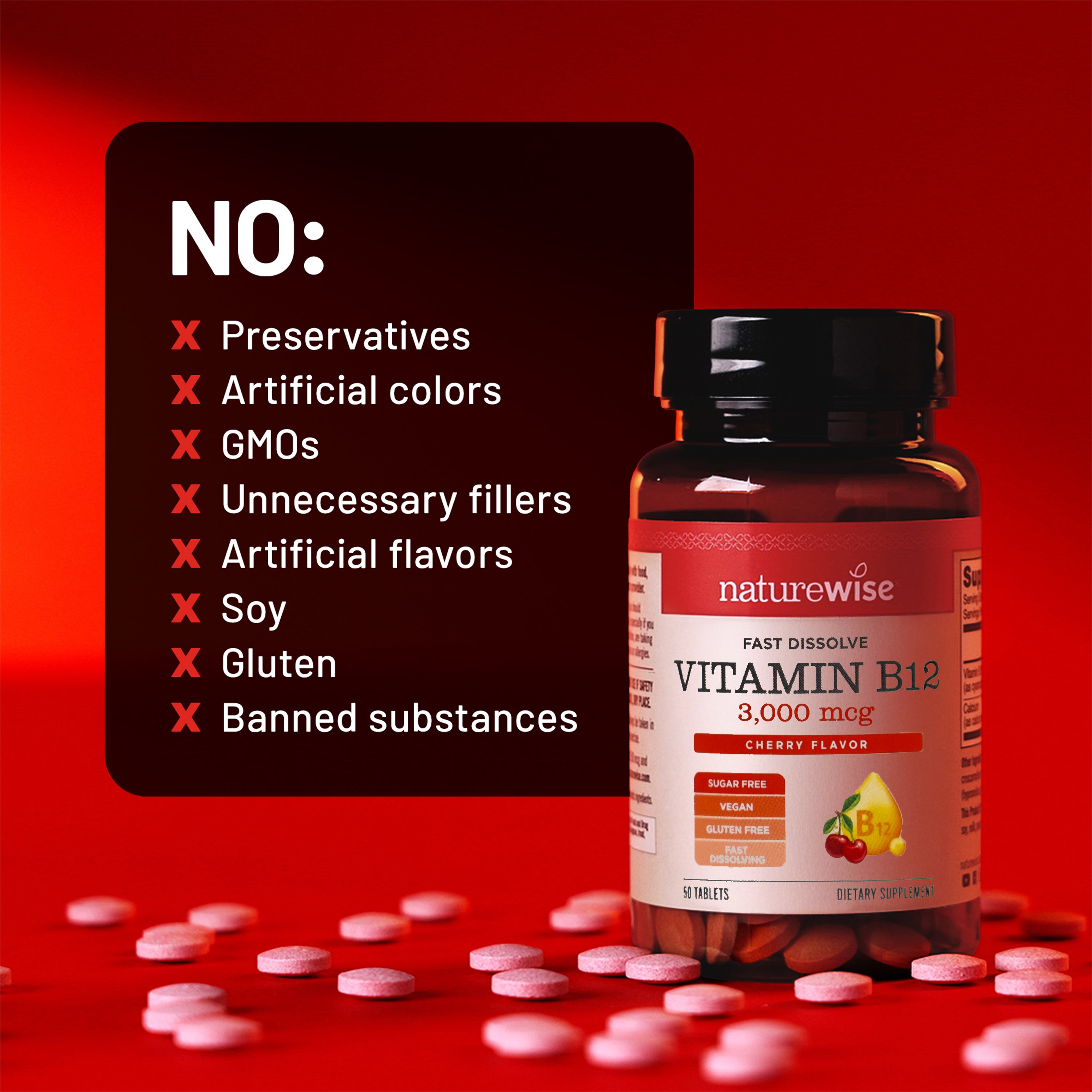 Naturewise Vitamin B12 fast dissolve supplement bottle with a list of 'No' items on a red background