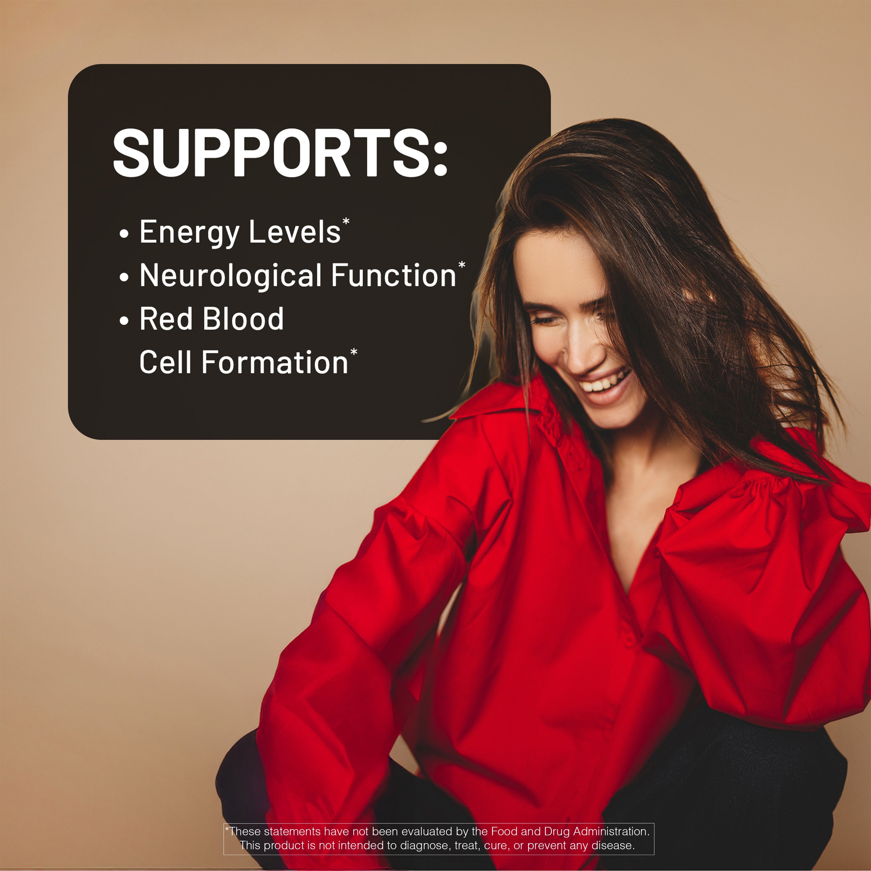 Woman in a red jacket sitting on a beige background with text about vitamin B12 benefits.