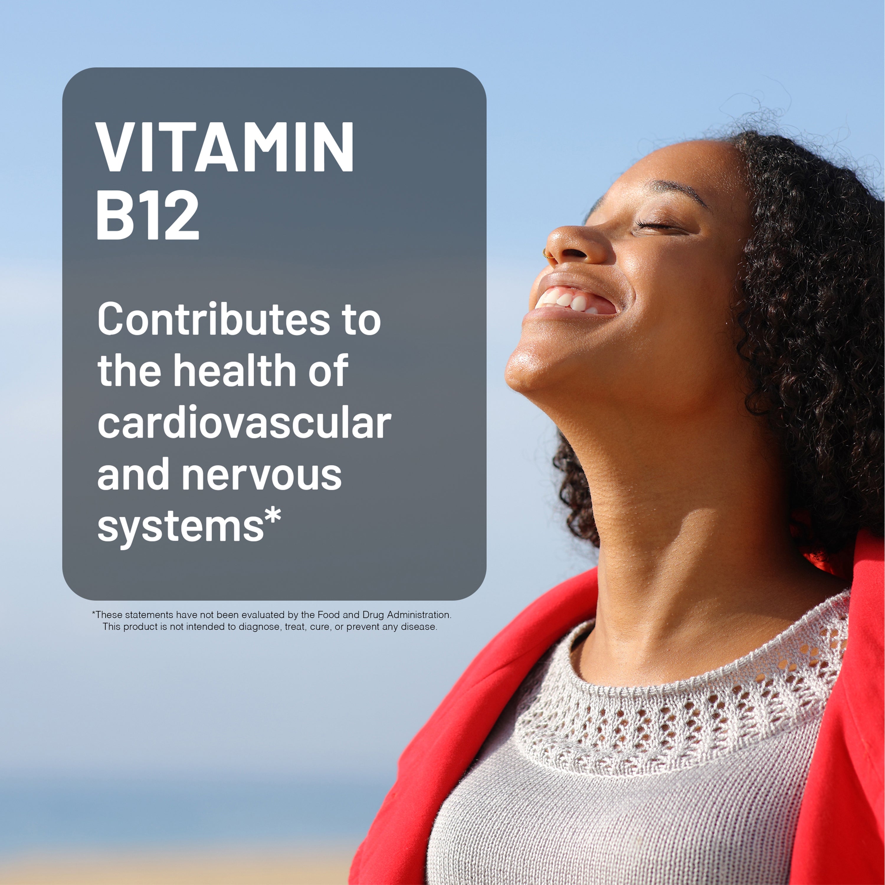 Woman with text about vitamin B12 benefits on a blue background
