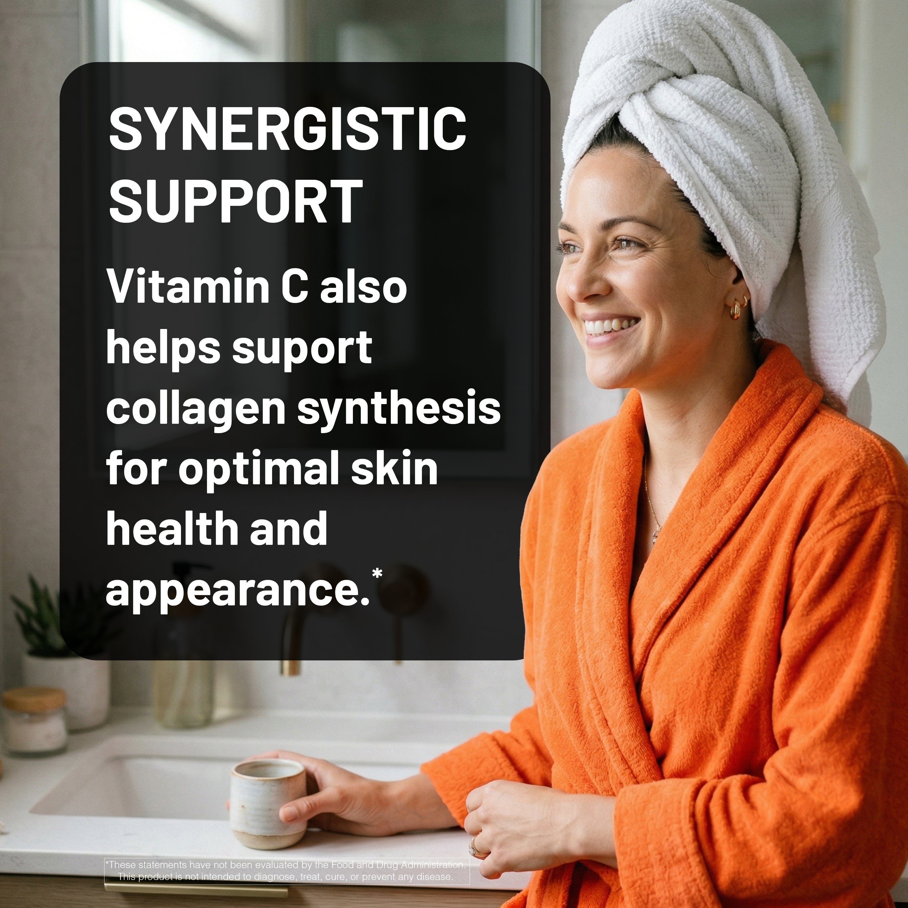 Woman in an orange robe with a towel on her head, holding a mug, in a kitchen setting with text about vitamin C synergistic support and skin health.