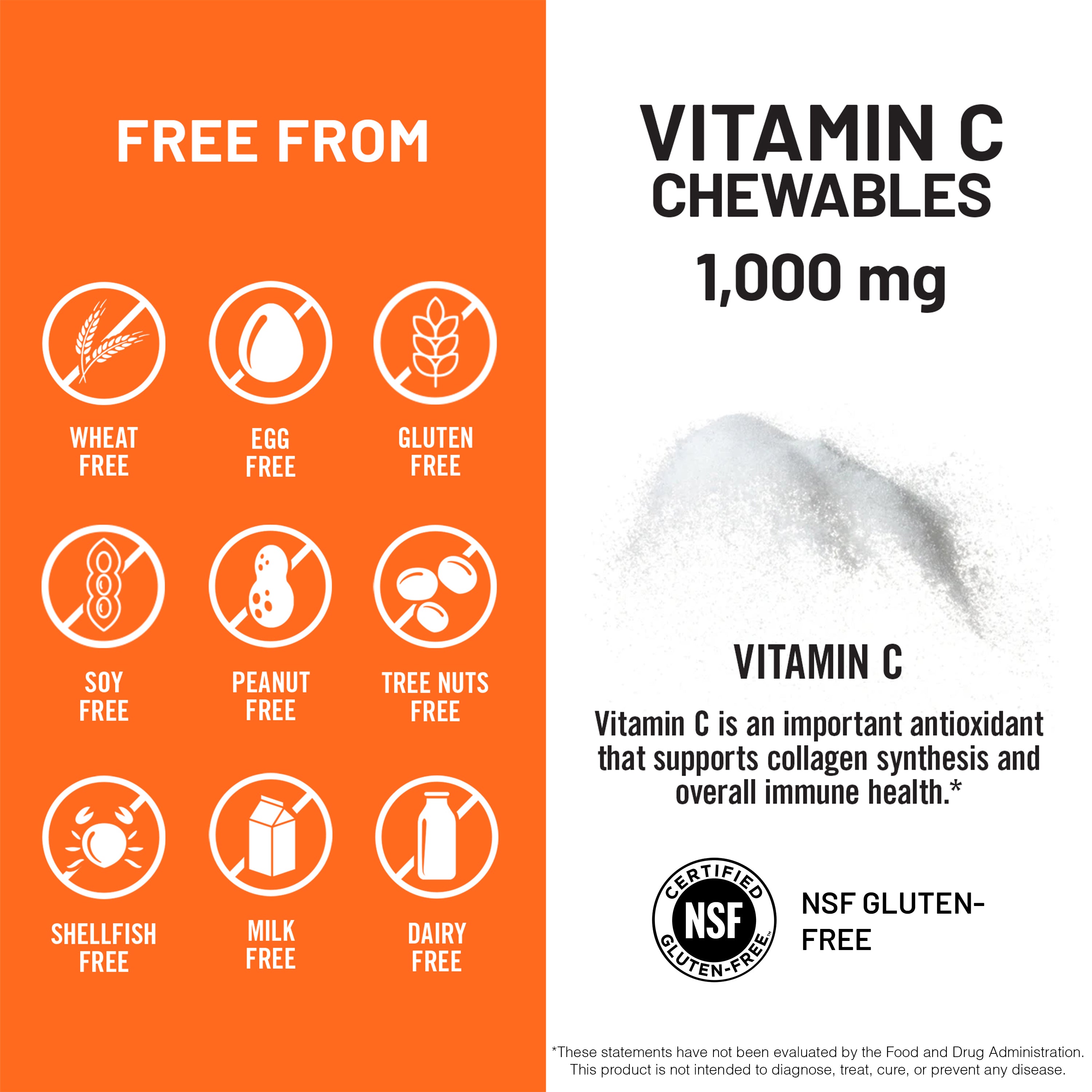 Vitamin C chewable supplement packaging with free-from icons and product details.