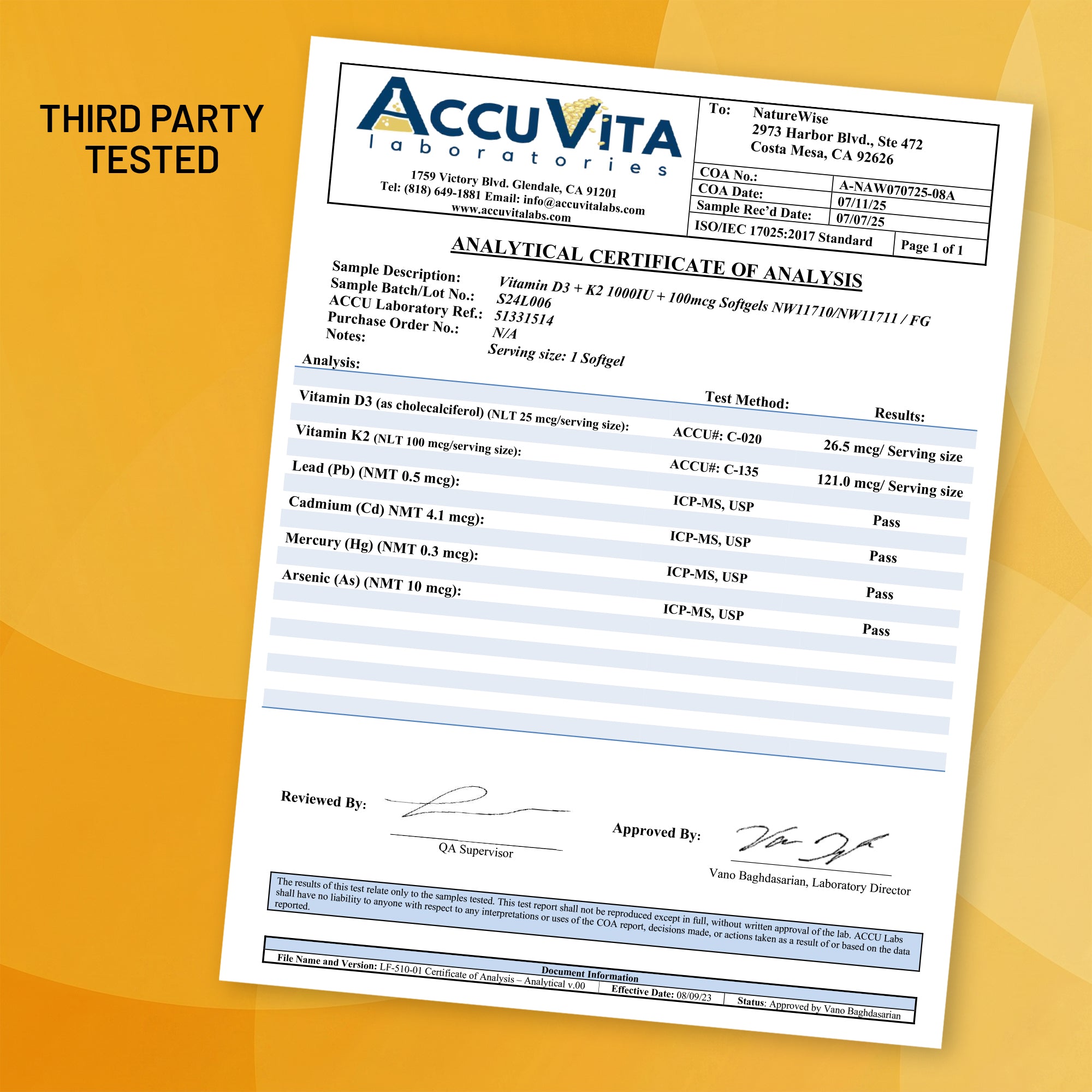 Certificate of Analysis for NatureWise Vitamin D3 K2 1,000 IU + 100 mcg Softgels supplement