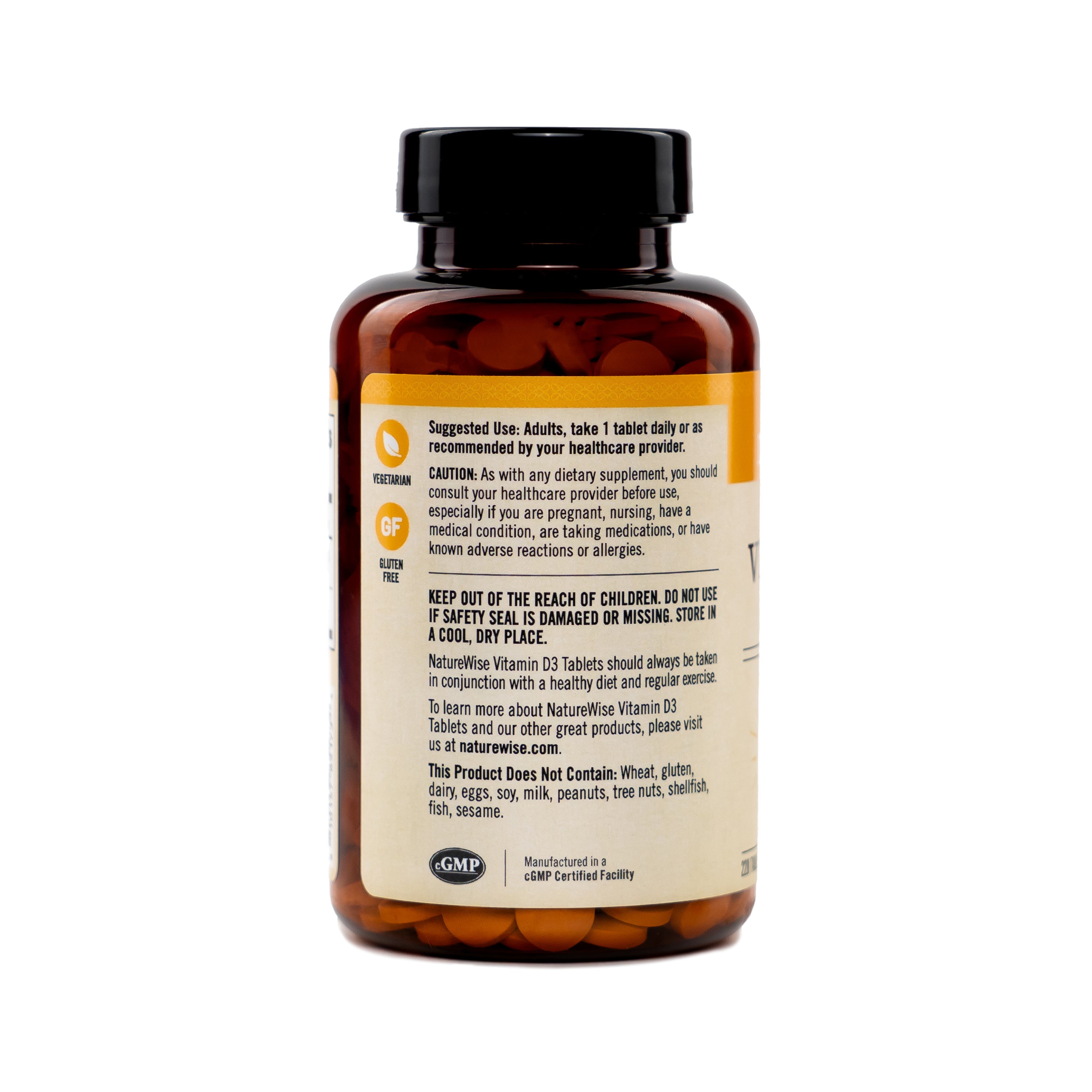 Naturewise Vitamin D3 tablets supplement  2000IU bottle side showing suggested use on a white background