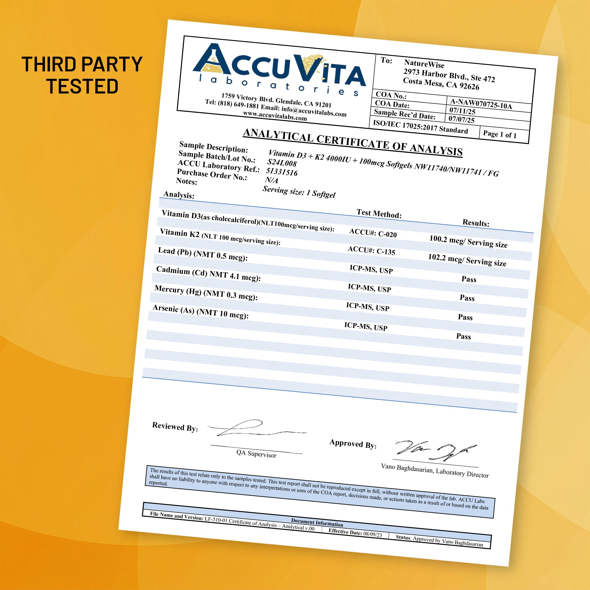 Certificate of Analysis for NatureWise Vitamin D3 K2 4,000 IU + 100 mcg Softgels supplement