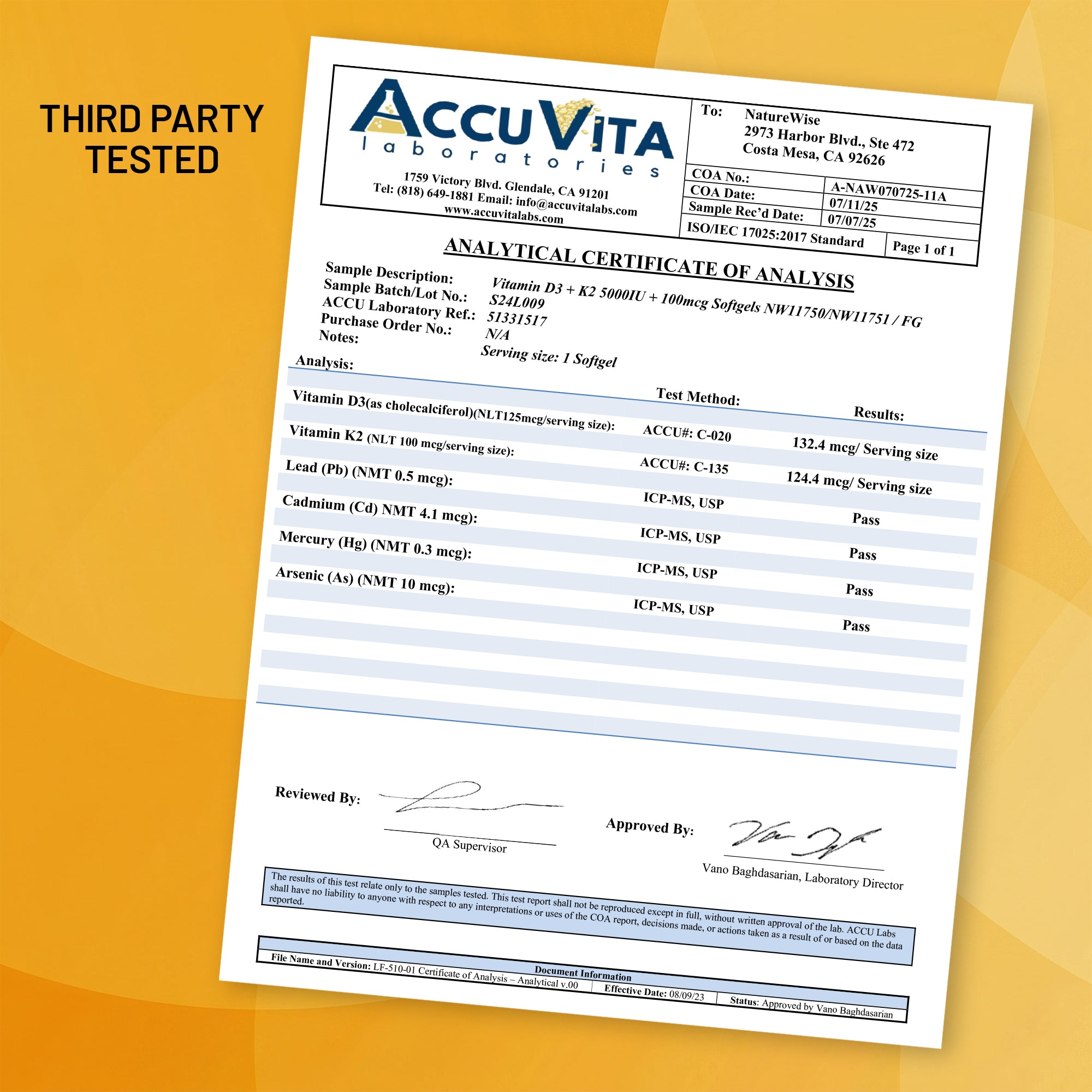 Certificate of Analysis for NatureWise Vitamin D3 K2 5,000 IU + 100 mcg Softgels supplement