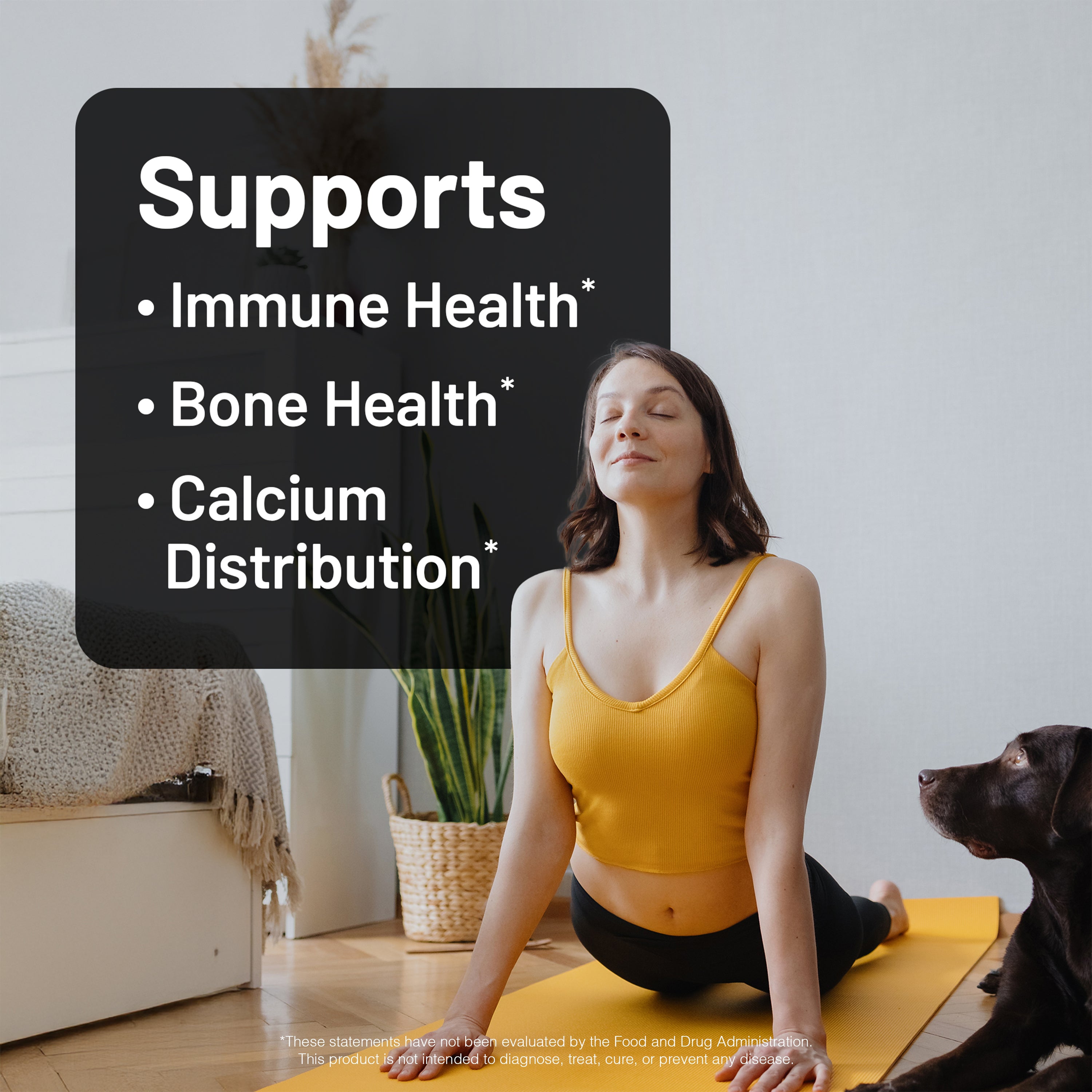 Woman in yellow tank top and black leggings sitting on a yoga mat with a dog, text overlay about health benefits.