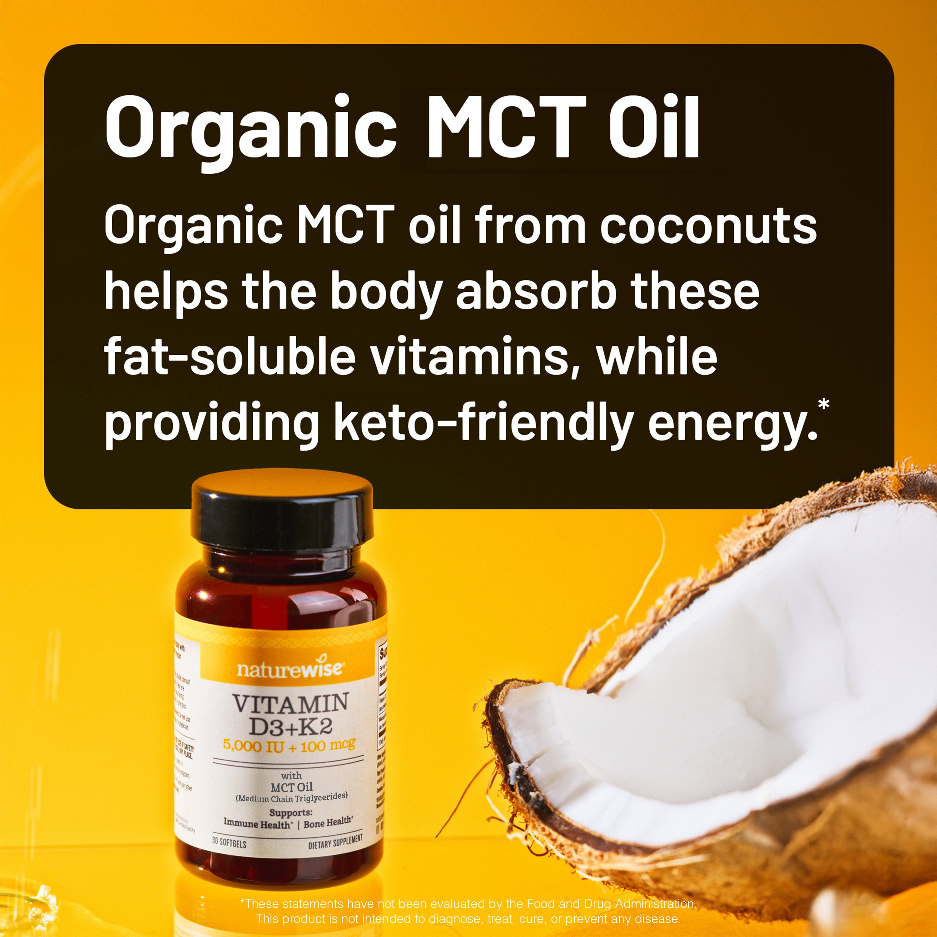 Naturewise vitamin supplement bottle with a coconut on a yellow background