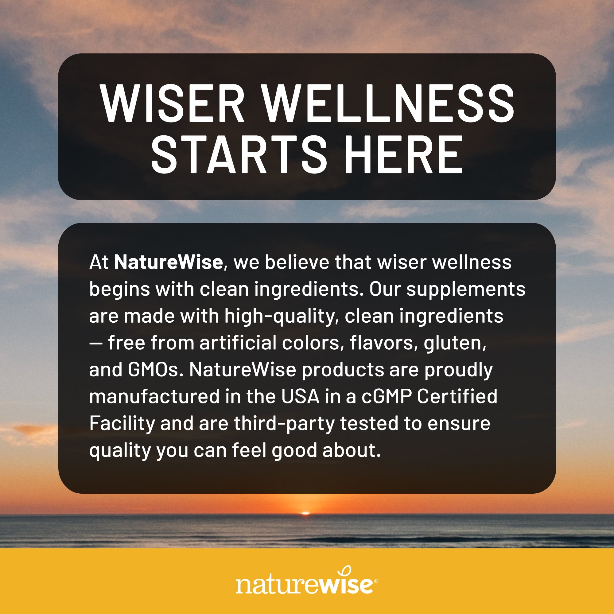 NatureWise advertisement with sunset background and text about their wellness products.