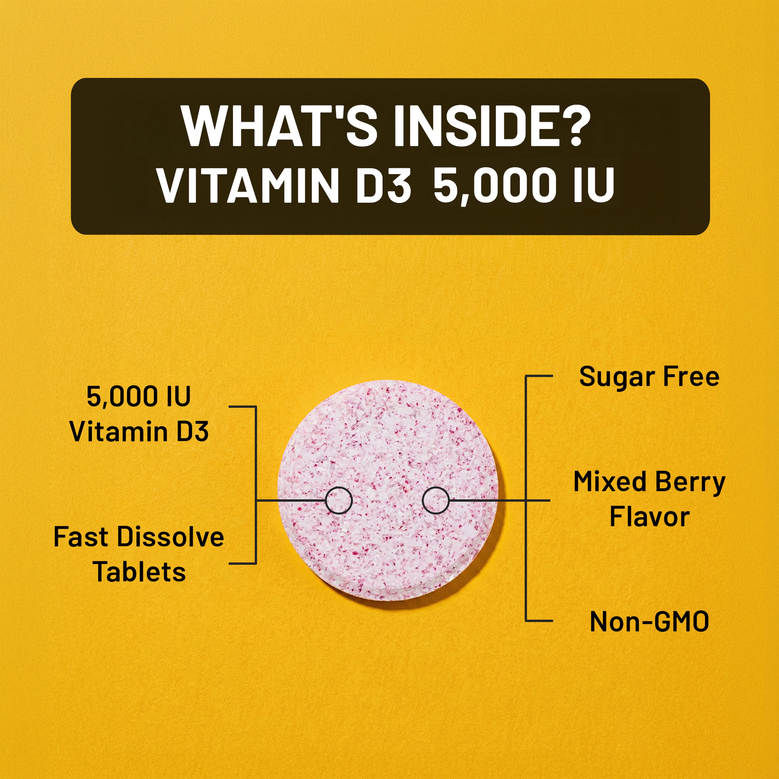 Vitamin D3 tablet with specifications on a yellow background
