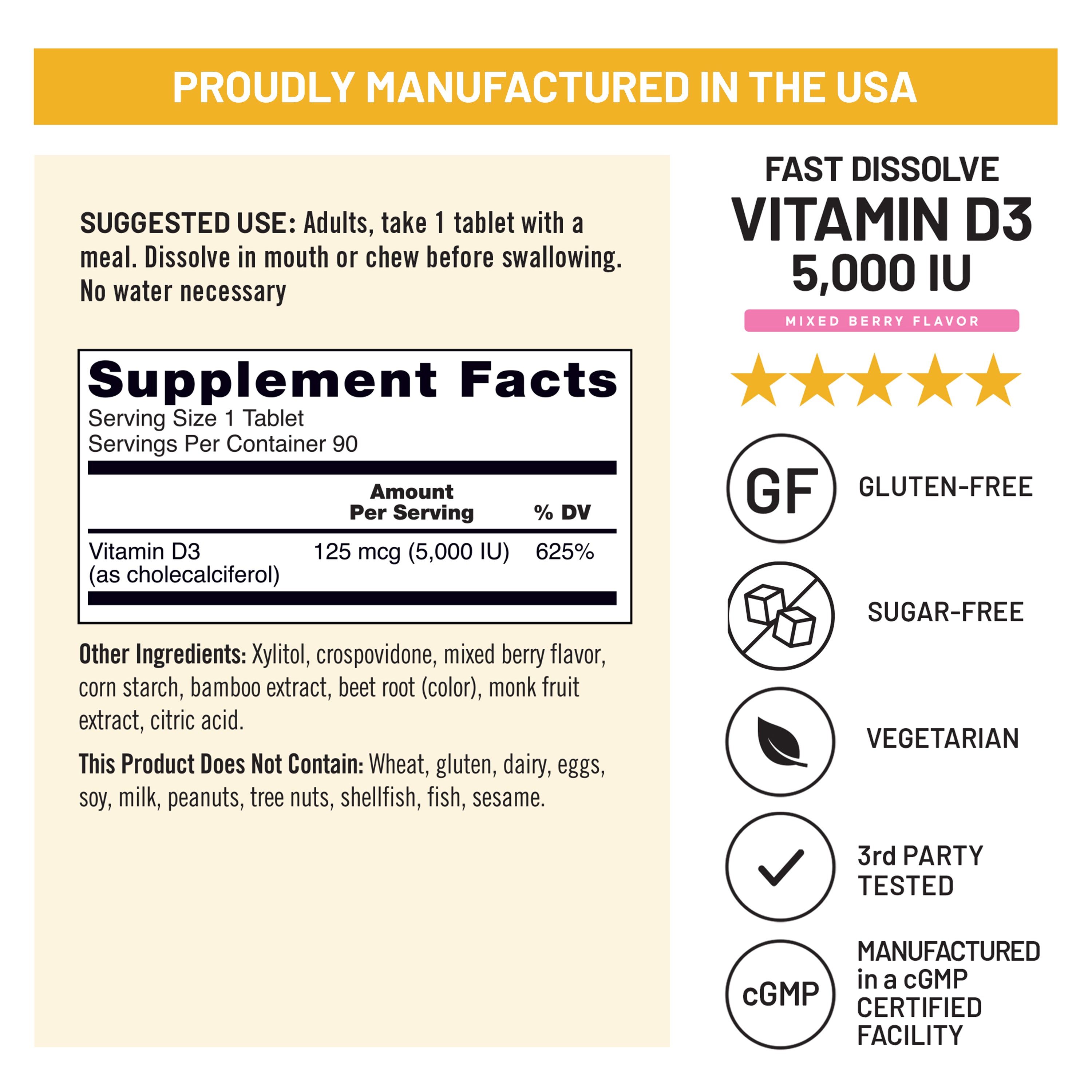 Vitamin D3 fast dissolve supplement label with product details and manufacturing information.