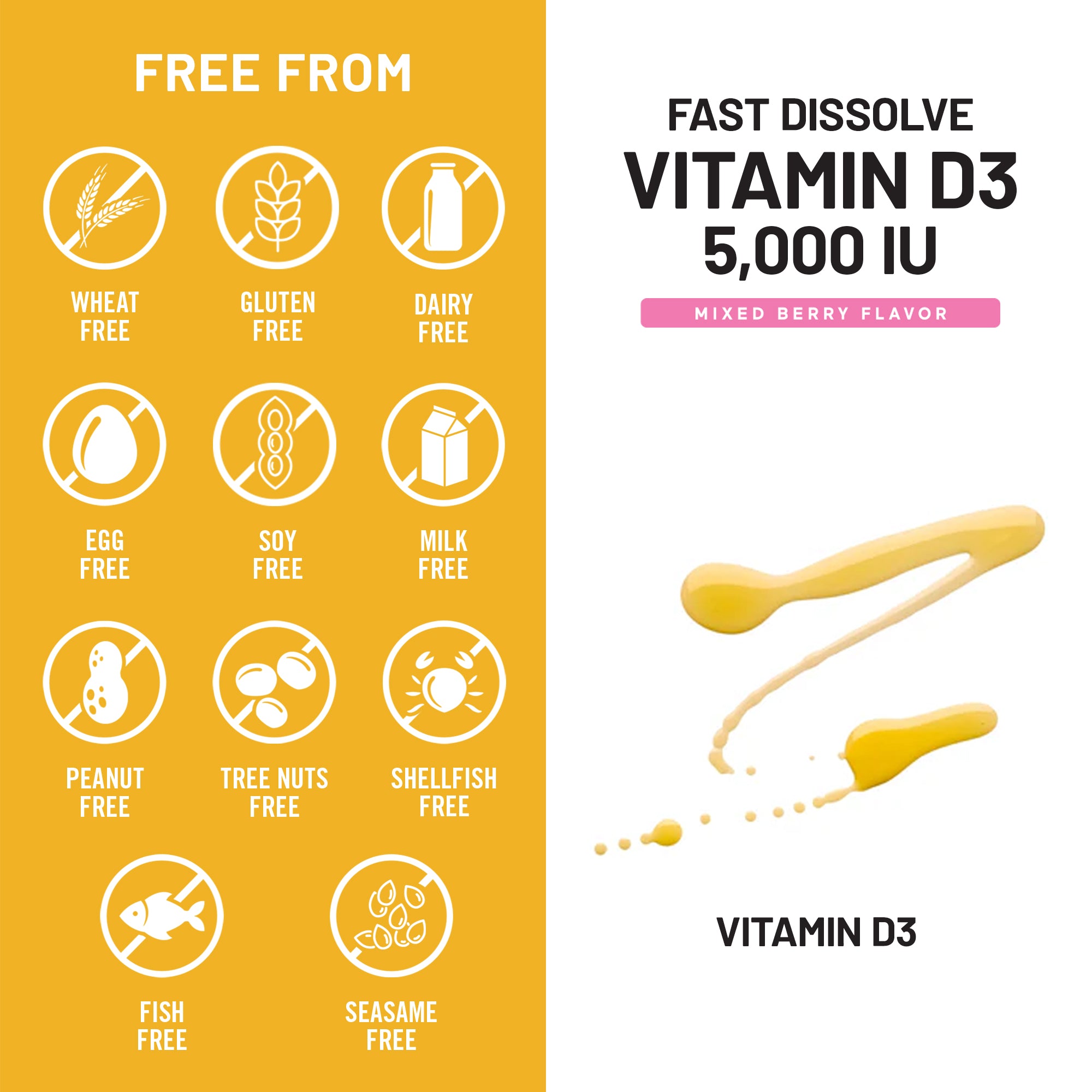 Vitamin D3 fast dissolve supplement packaging with free-from icons and flavor description on a yellow and white background.