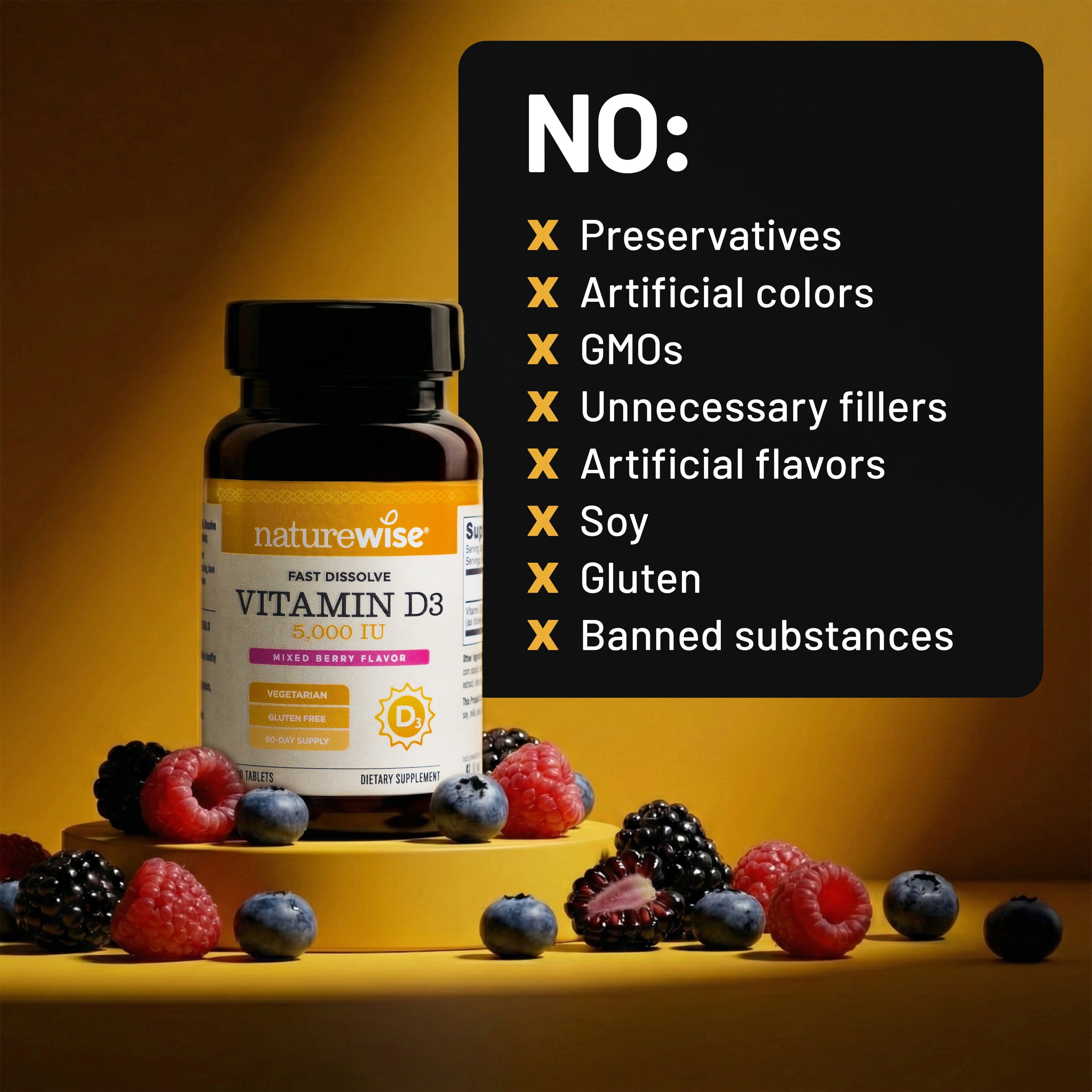 Naturewise Vitamin D3 fast dissolve supplement bottle with berries on a yellow background and a list of 'No' items on a black board.
