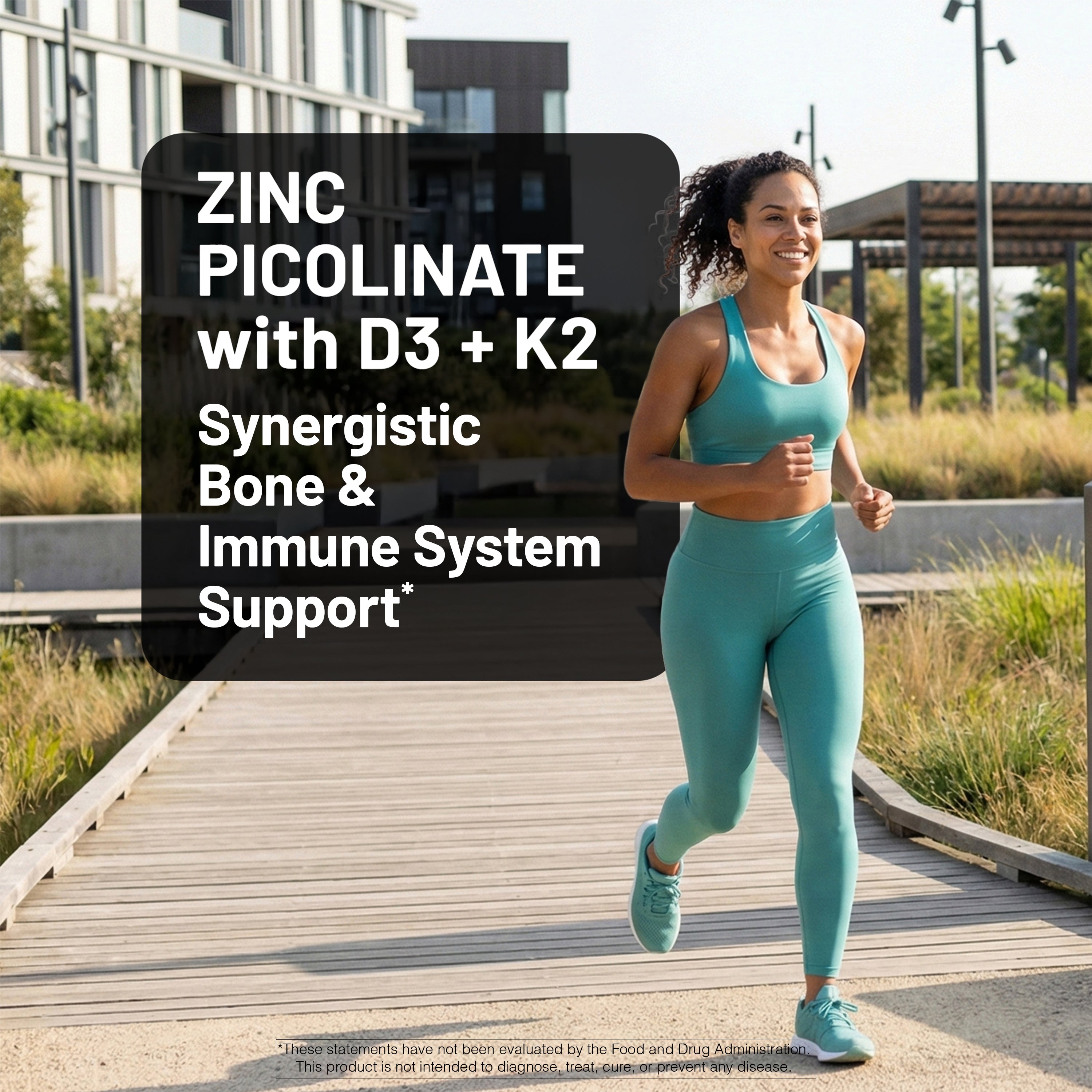 Woman running outdoors with text about zinc picolinate D3 + K2 supplement benefits.