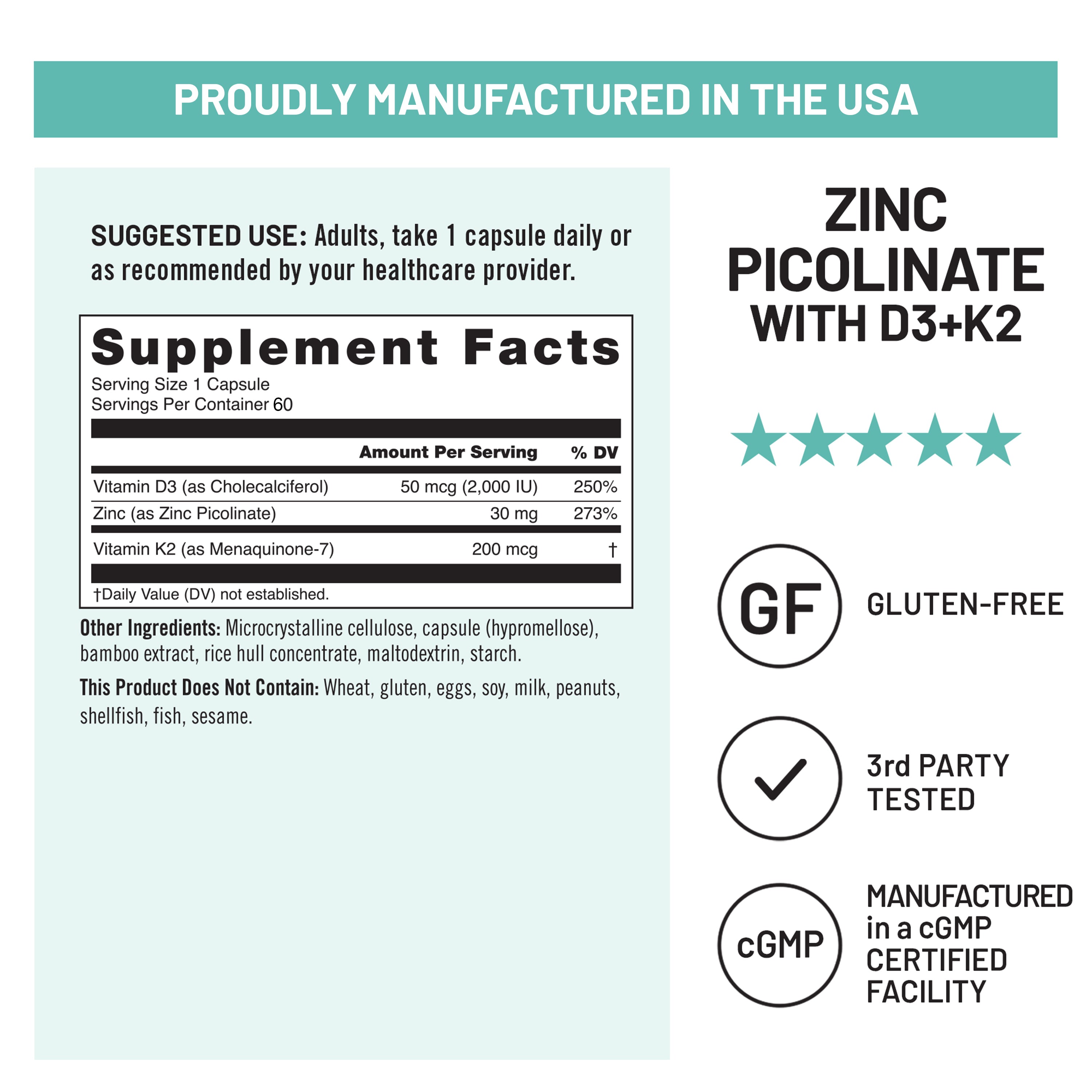 Supplement label for Zinc Picolinate with D3+K2, proudly manufactured in the USA.