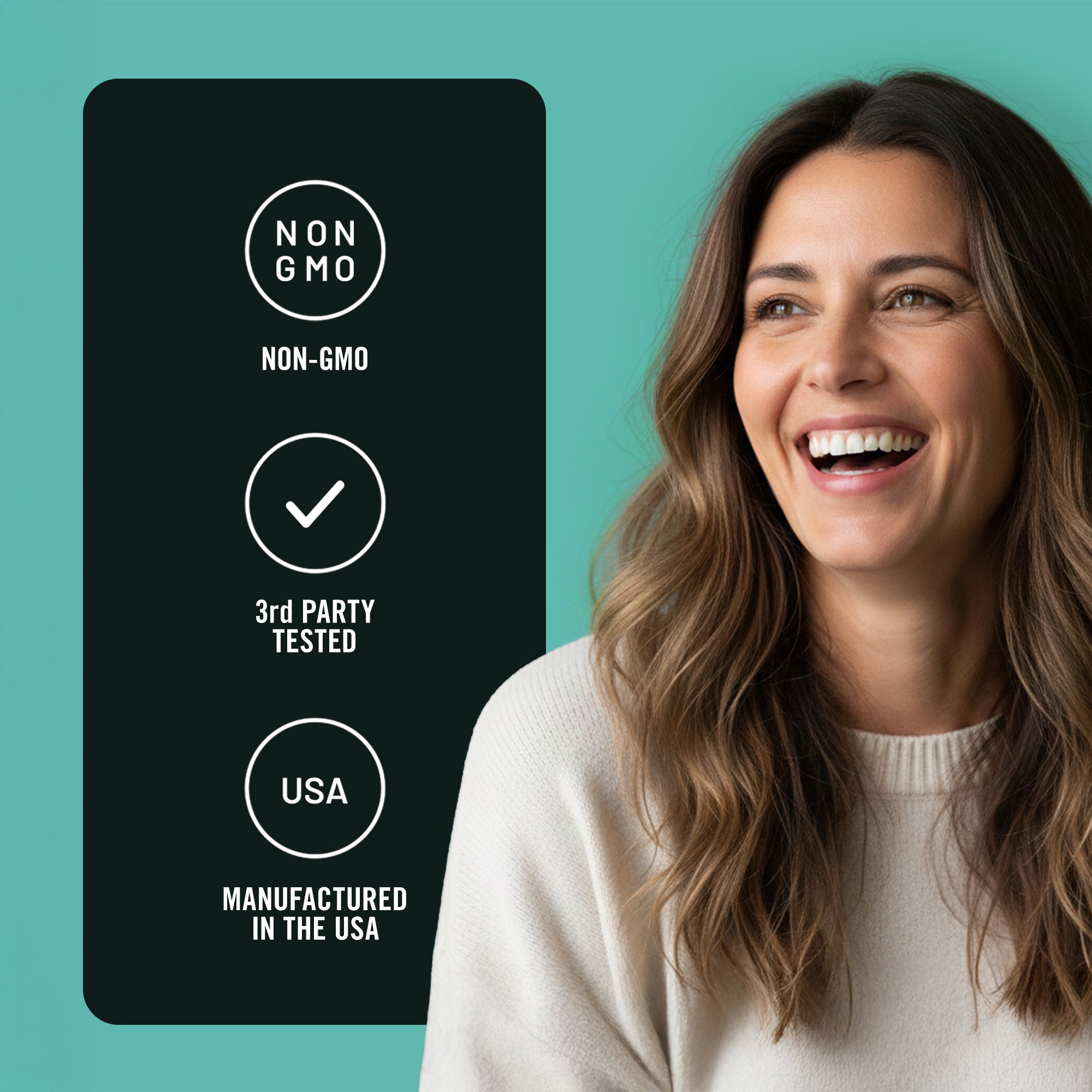 Woman smiling next to a certification label on a teal background