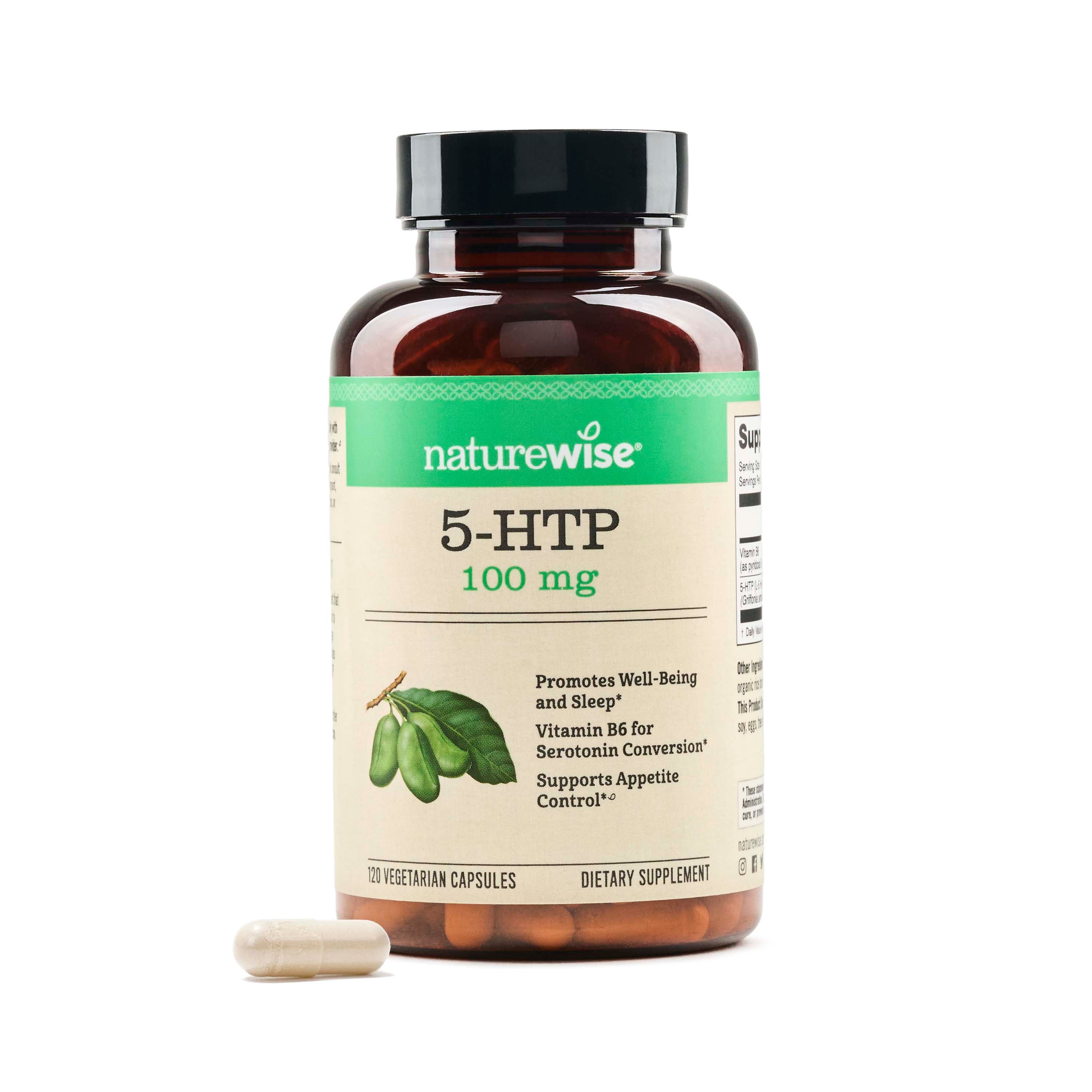 NatureWise 5-HTP 100 mg dietary supplement bottle on a white background