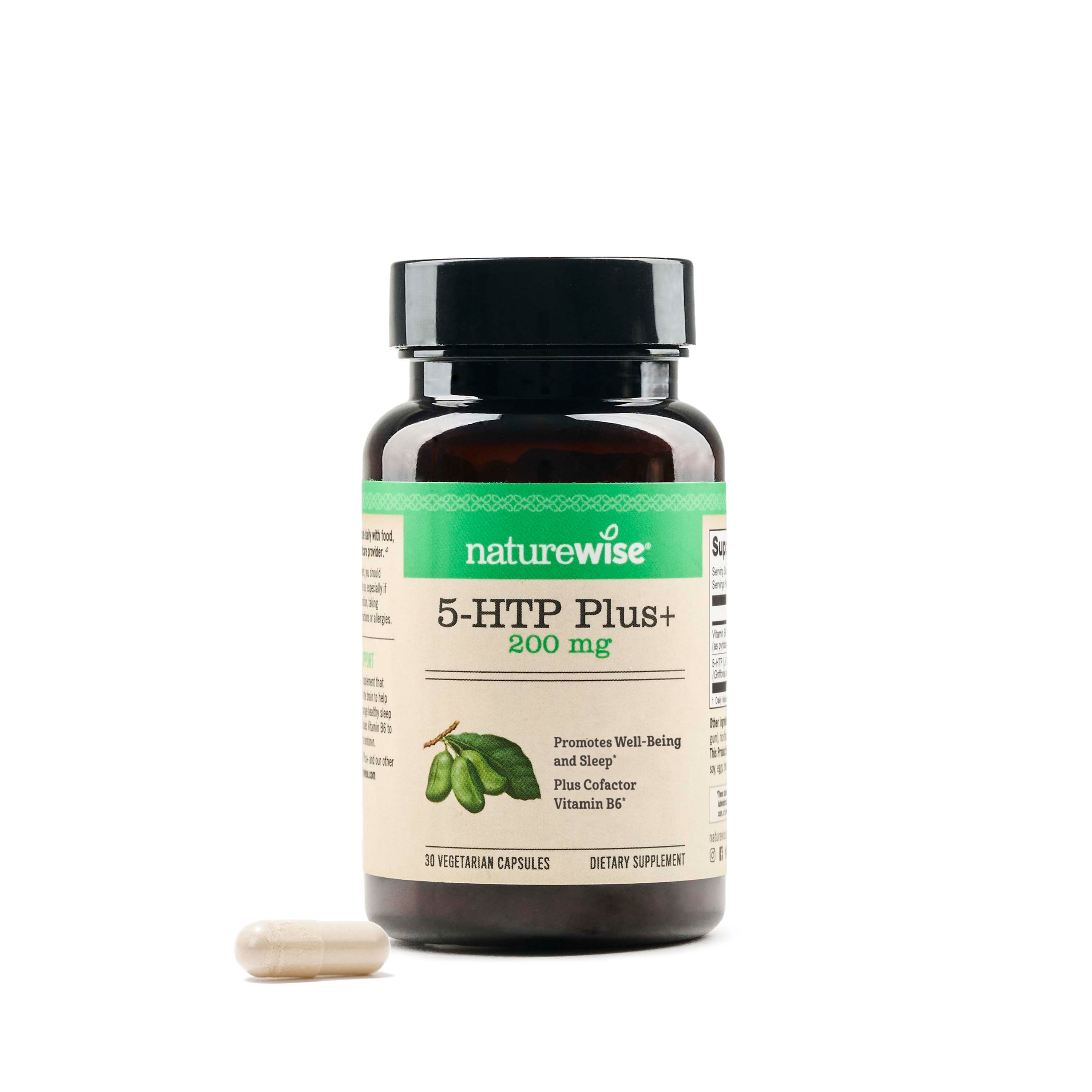 5-htp supplement 200mg on white background