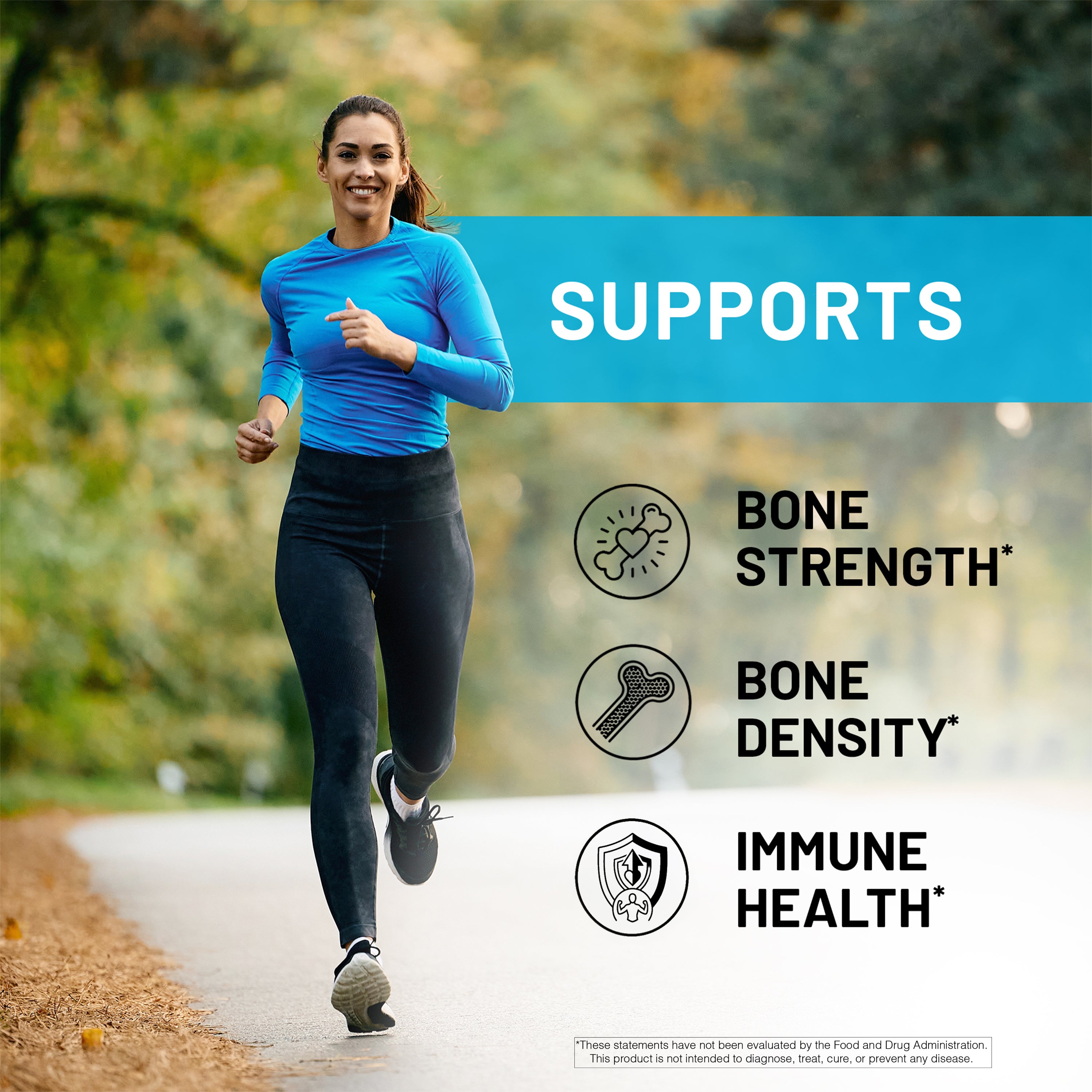 Woman running outdoors with Algae Calcium health benefits text overlay