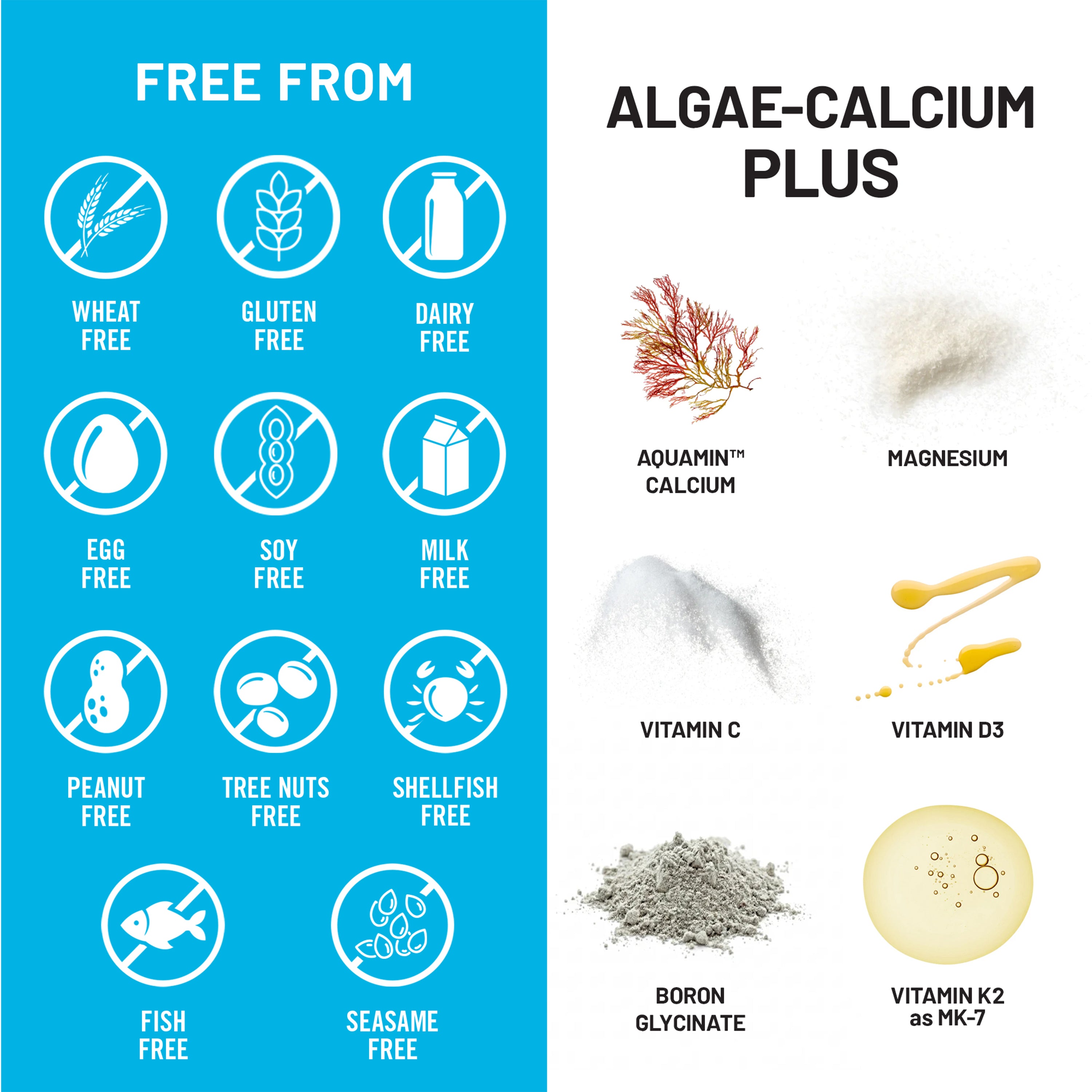 NatureWise Algae Calcium Plus free-from declarations and health benefits on a blue and white background