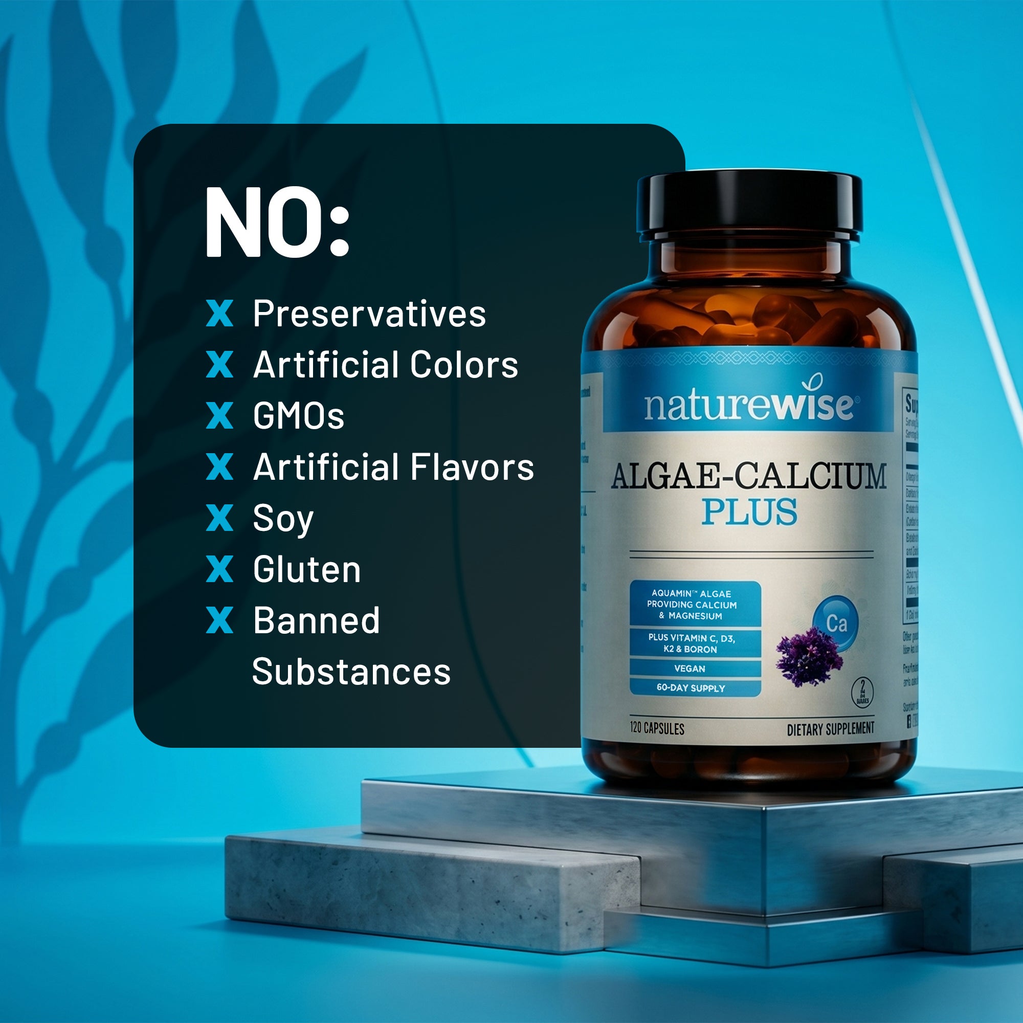 NatureWise Algae-Calcium Plus supplement bottle with a list of no ingredients on a blue background