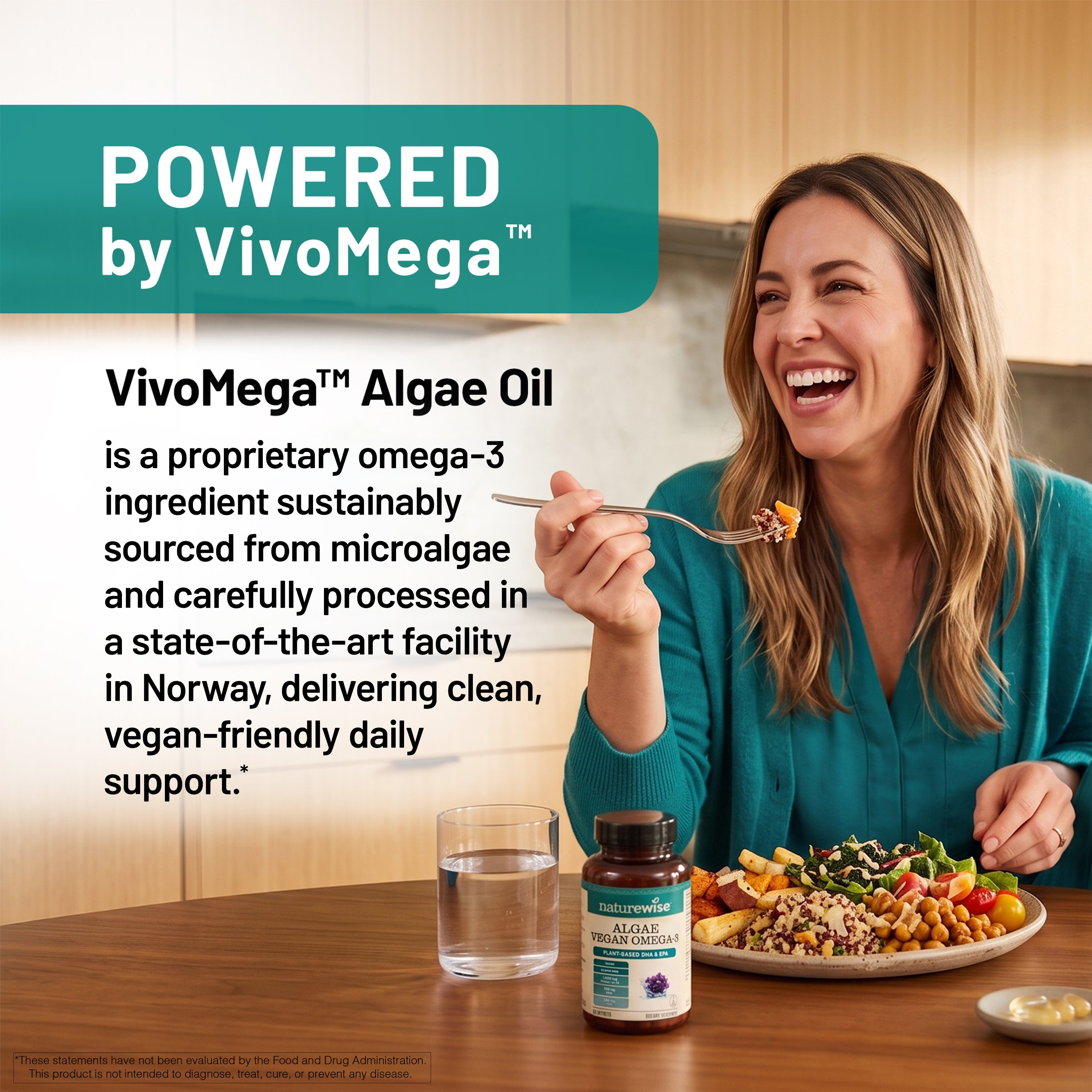 A woman smiles while eating a healthy meal next to a glass of water and a bottle of NatureWise Vegan Algae Omega-3. Graphic text highlights VivoMega Algae Oil as a clean, vegan-friendly omega-3 ingredient sustainably sourced from microalgae in Norway.