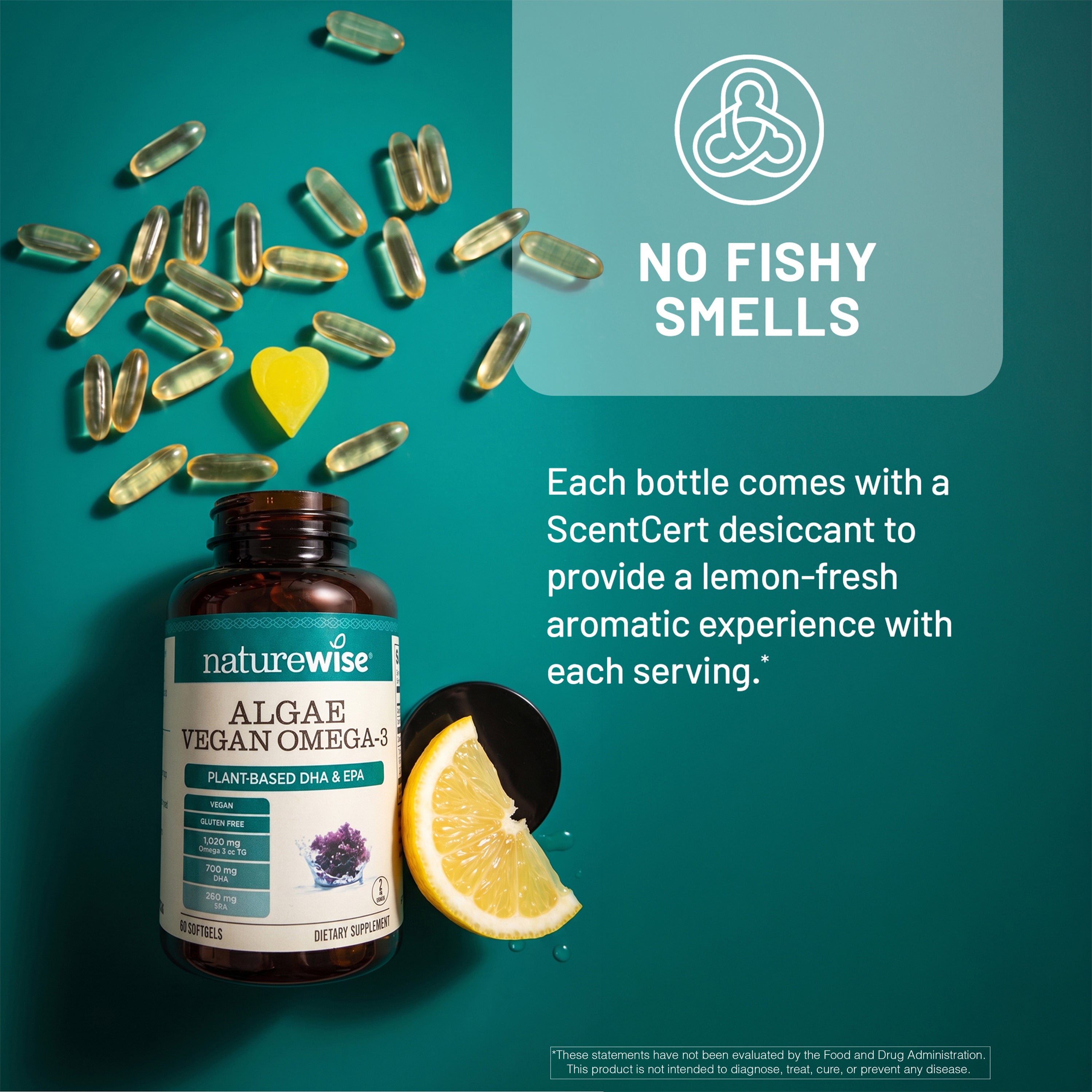 An infographic for NatureWise Vegan Algae Omega-3 highlights "NO FISHY SMELLS" with a bottle next to a fresh lemon slice. Golden softgel capsules scatter across the top alongside text describing a lemon-fresh ScentCert desiccant.