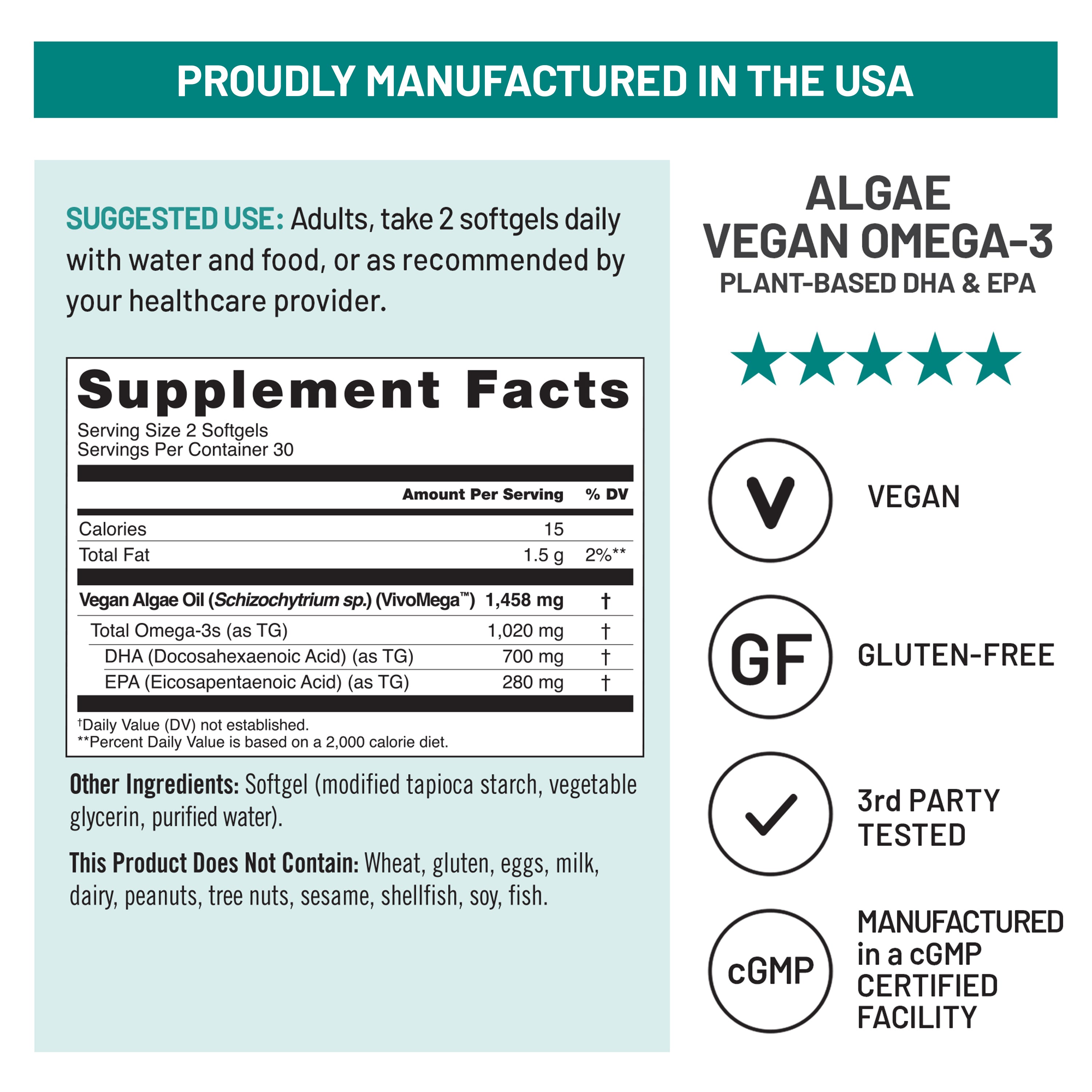 An image displays the NatureWise Vegan Algae Omega-3 product label, highlighting a "Proudly Manufactured in the USA" banner and a "Supplement Facts" panel with dosage and ingredient details. The right side features certifications including Vegan, Gluten-Free, 3rd Party Tested, and Manufactured in a cGMP Certified Facility.